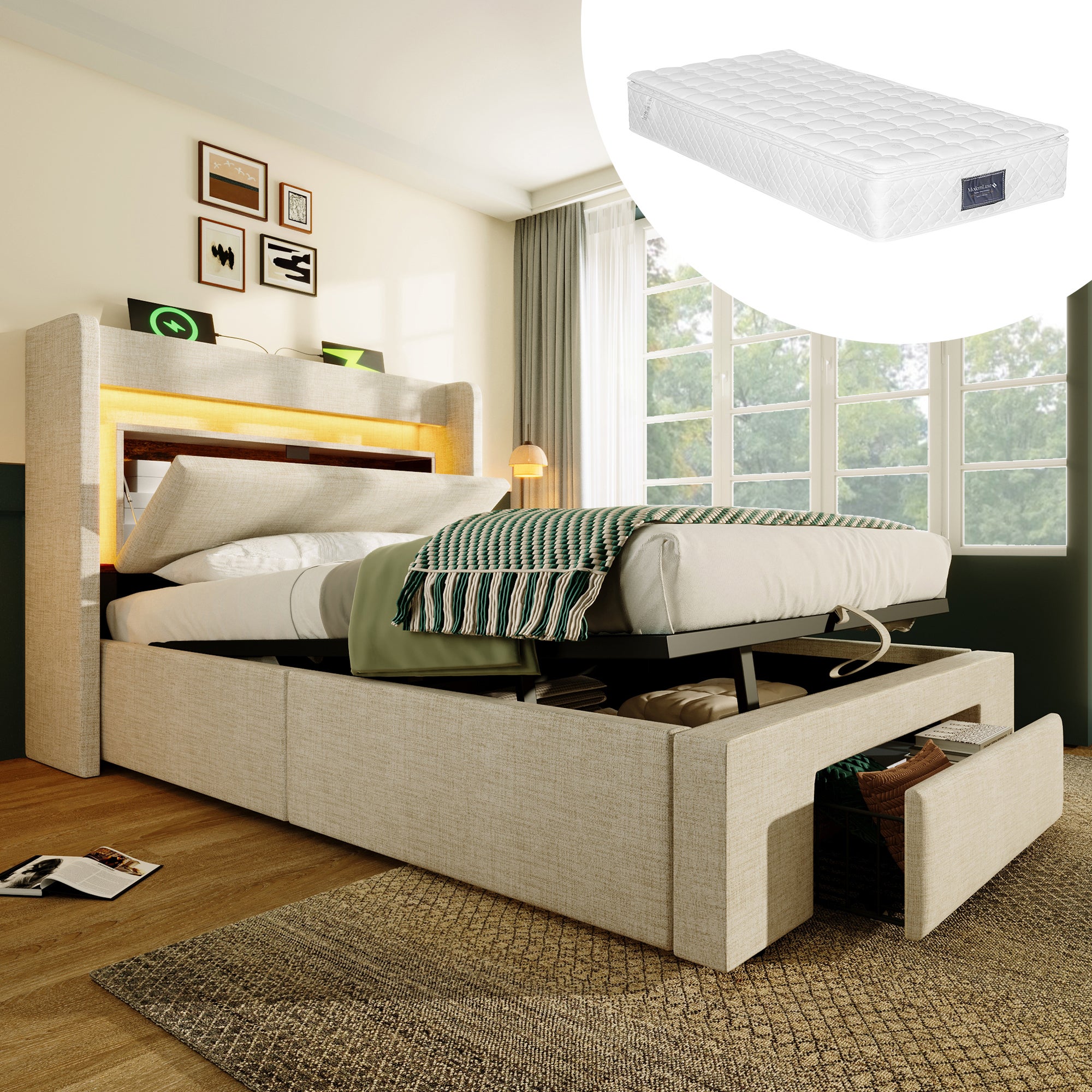 Łóżko 90 x 200 cm z pojemnikiem na pościel, zagłówkiem i 1 szufladą – tkanina lniana – diody LED oraz porty USB i typu C – beżowe (materac w zestawie)