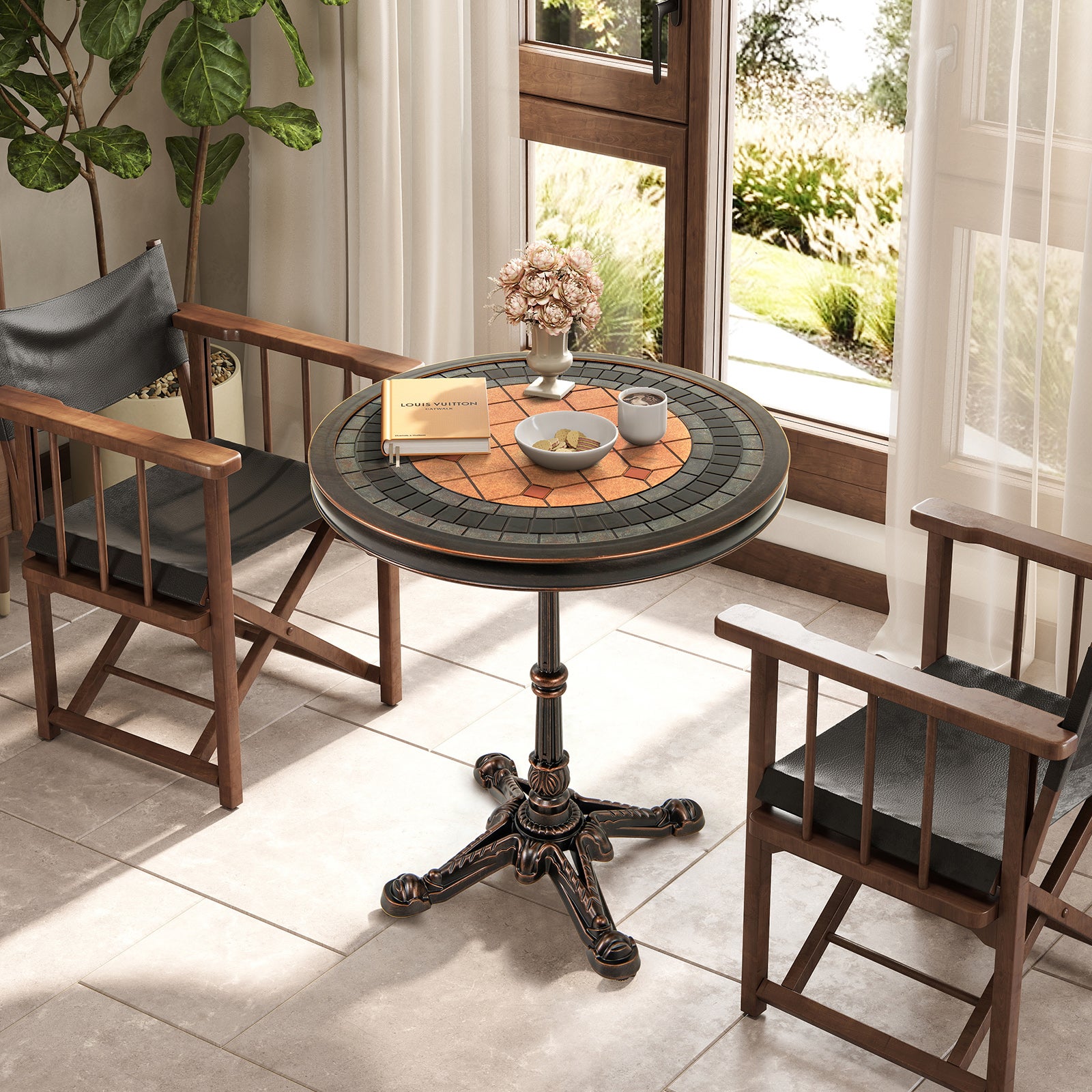 Table de Jardin Ronde de 60,5 cm, Table en Aluminium Coulé Résistante aux Intempéries avec Texture Sculptée et Plateau Peint, Bronze - 6