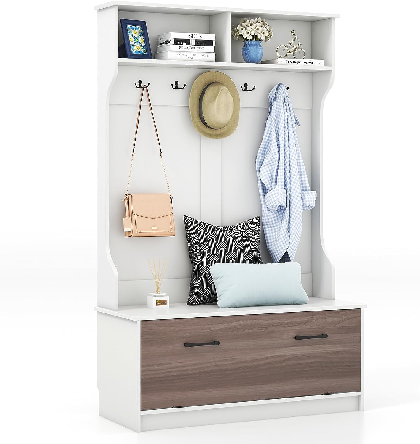 Cuier 4 în 1, mobilier de hol cu bancă pentru încălțăminte cu ușă, 5 cârlige, 4 compartimente, dulap pentru sufragerie, hol, 100x40x160 cm, alb