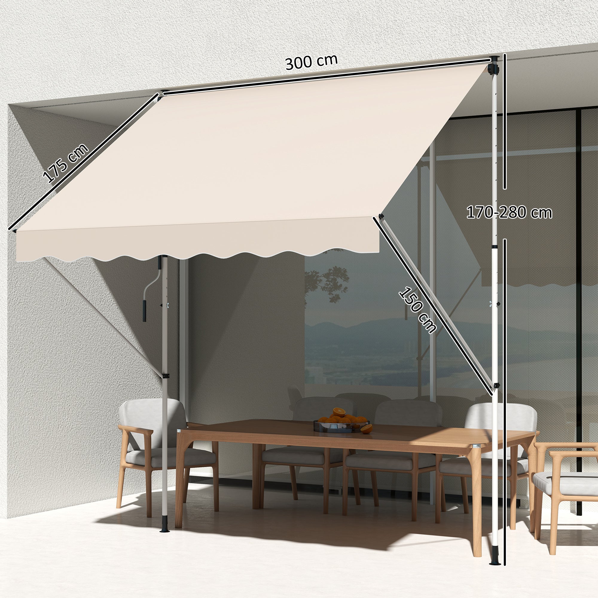 Store banne rétractable manuellement, 3 mètres de long x 1,5 mètre de large, sans perçage, inclinaison et hauteur réglables, résistant aux UV. - 5
