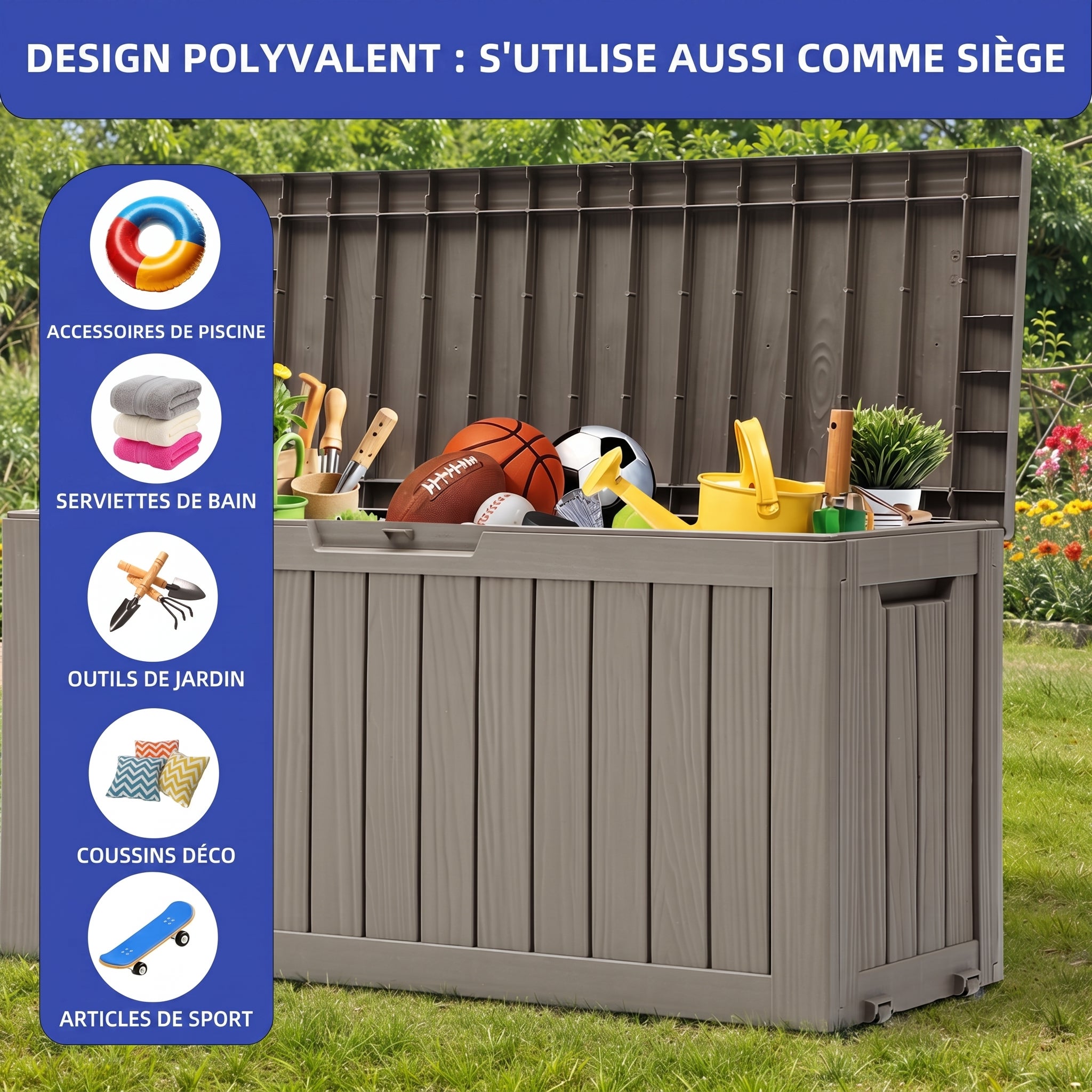 YITAHOME Caja de Almacenamiento Exterior con Ruedas-Caja de Cubierta de Plástico 270L-117 x 53.5 x 55 cm-Marrón Claro - 7