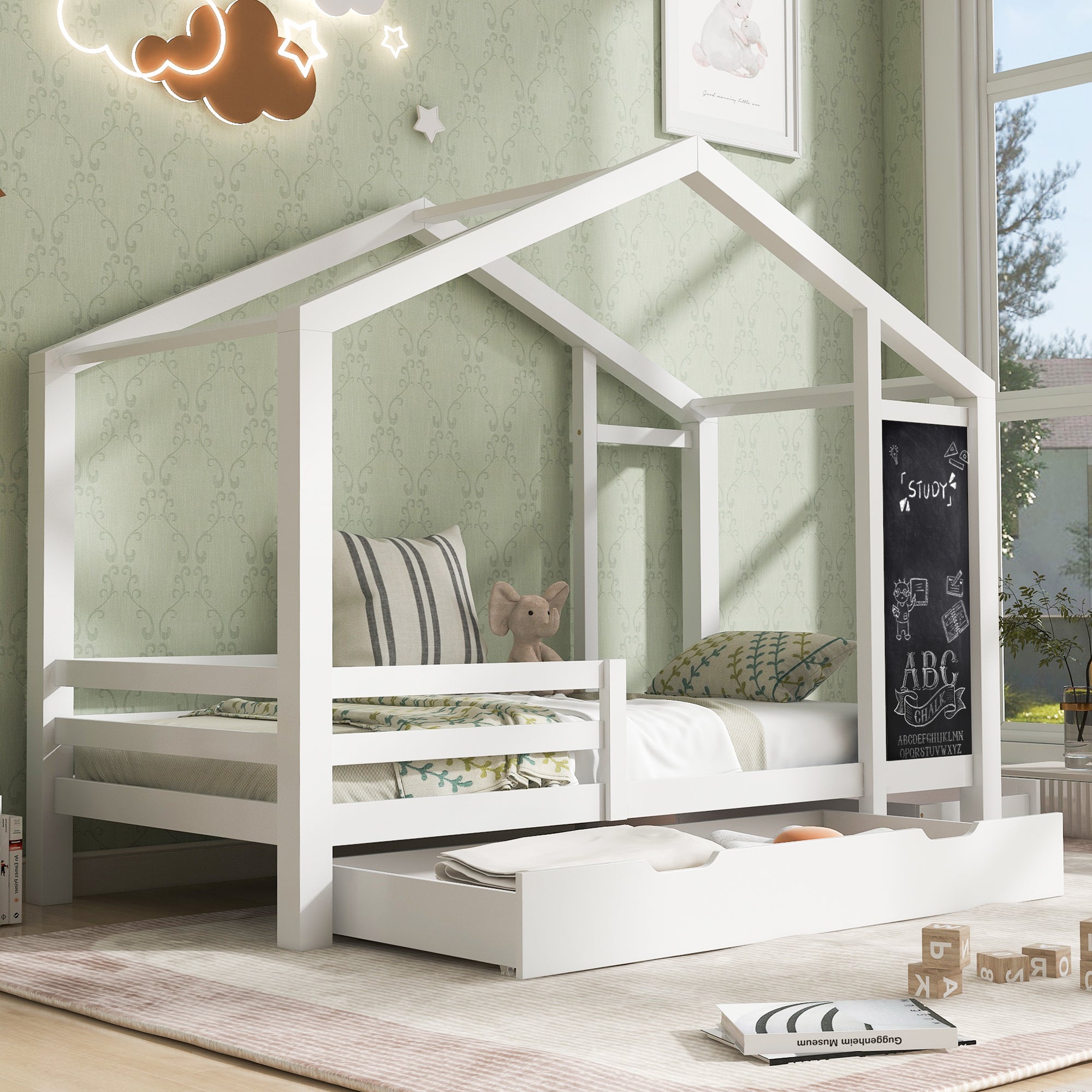 URBAN MEUBLE Lit enfant lit cabane 90 x 200 cm avec 2 tiroirs, bois massif avec clôture et sommier à lattes, blanc (sans matelas) - 2