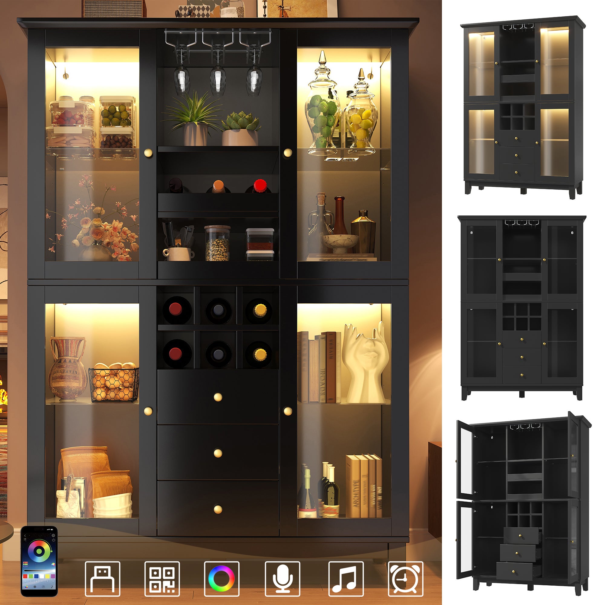 Witryna z 3 szufladami, półką na butelki i 4 drzwiami, komoda - LED - 120 x 40 x 180,5 cm - Płyta MDF, metal i szkło - Kolor czarny - 5