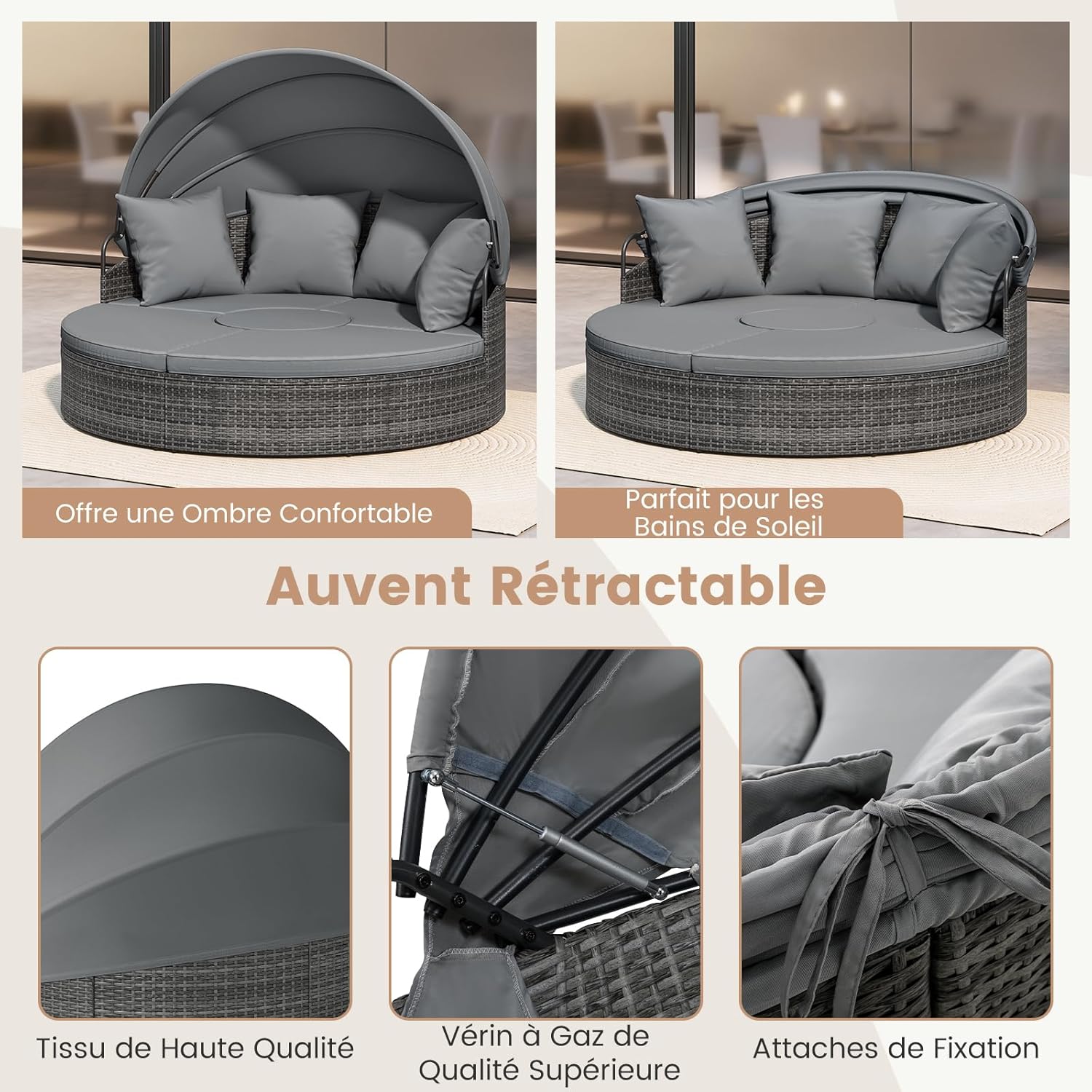 Lit Rond d'Extérieur avec Auvent Rétractable, Canapé d'Extérieur en Sections en Rotin PE avec Coussins, pour Jardin, Piscine, Gris - 3