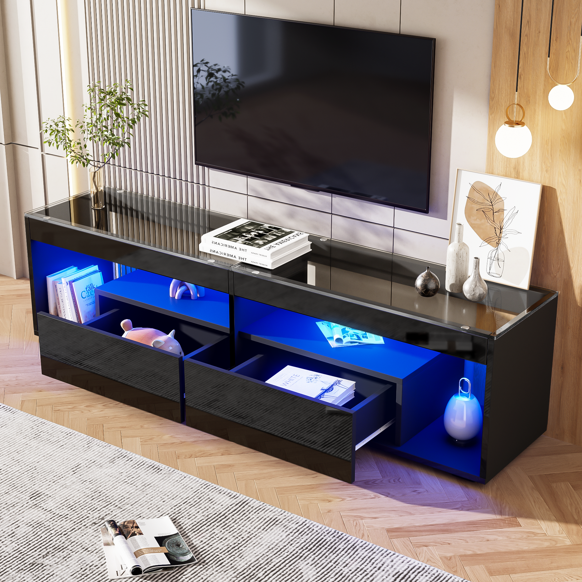 Suport TV lucios 180x50x46cm - cu 2 sertare - cu iluminare LED - pentru ...