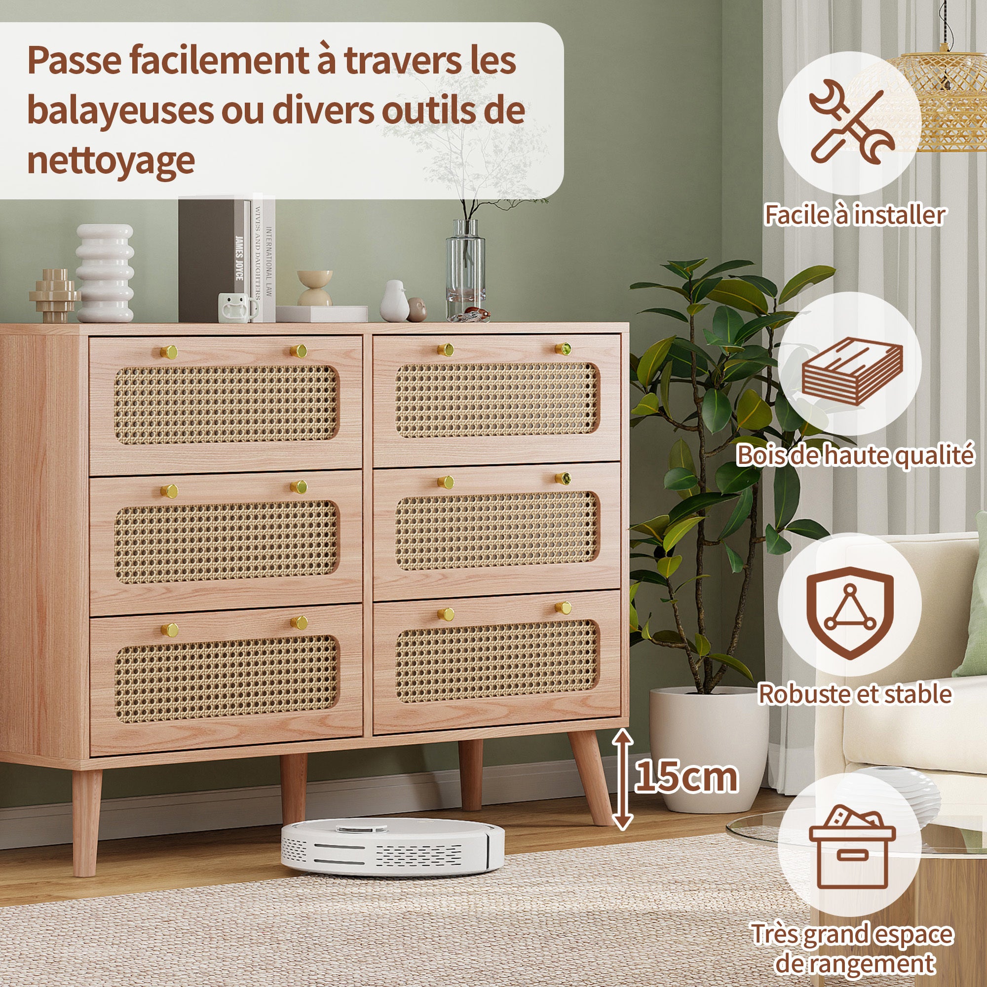 Commode à 6 tiroirs en rotin - 100x34x73cm - avec poignées en métal - pour chambres, salons, bureaux - Couleur bois - 6