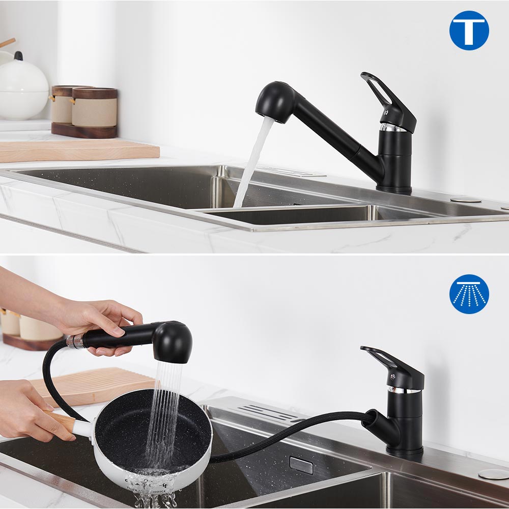 Rubinetto Cucina Nero Con Doccetta Estraibile - Miscelatore A Parete Ottone - Foto 7