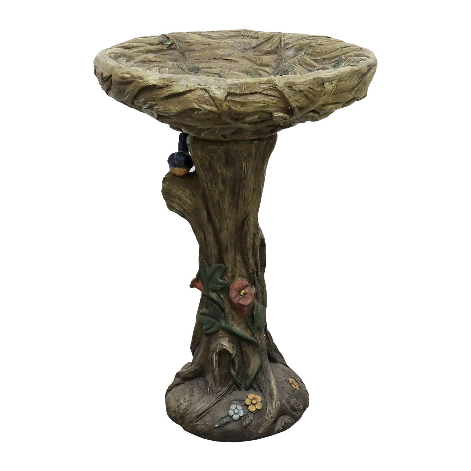 Fontaine pour oiseaux en béton effet bois 65 cm avec bassin profond et oiseau décoratif pour jardin élégant - 9