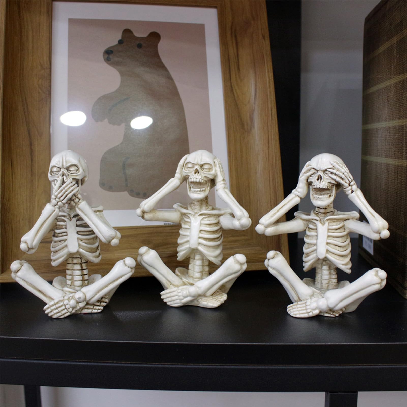 Set Di 3 Statuette Scheletro Sedute Per Halloween - Non Vedo, Non Sento, Non Parlo - Decorazione Gotica Vintage In Resina - 2