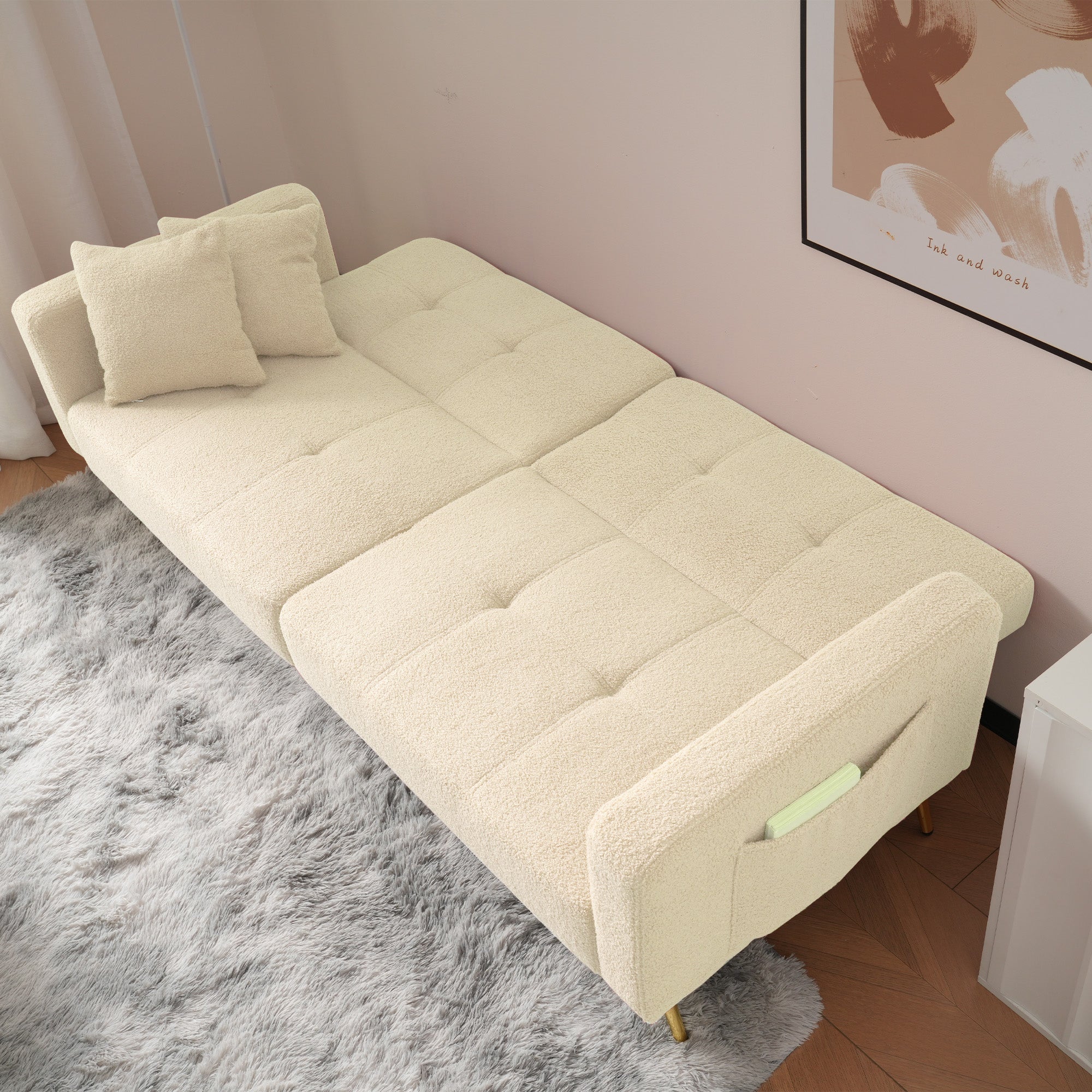 Canapé-lit 175x64x72cm inclinable avec fonction lit et rangements latéraux - Pieds dorés et coussin inclus - beige - 4