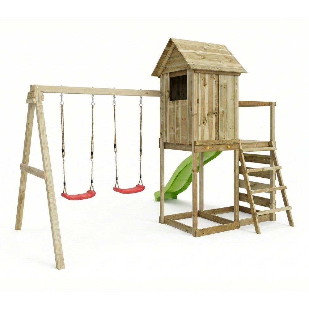 Cabane surélevée en bois pour enfants Maxplay 5 avec toboggan vert, double balançoire et mur d’escalade - 3