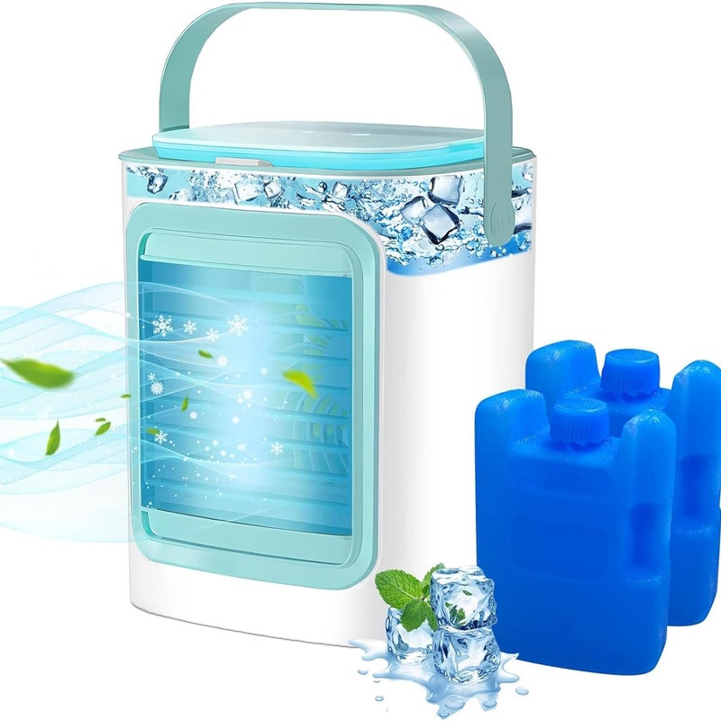 Przenośny klimatyzator 4 w 1 z 2 pojemnikami na kryształki lodu, 3 prędkościami wentylatora, 2 trybami mgiełki i 7 kolorami