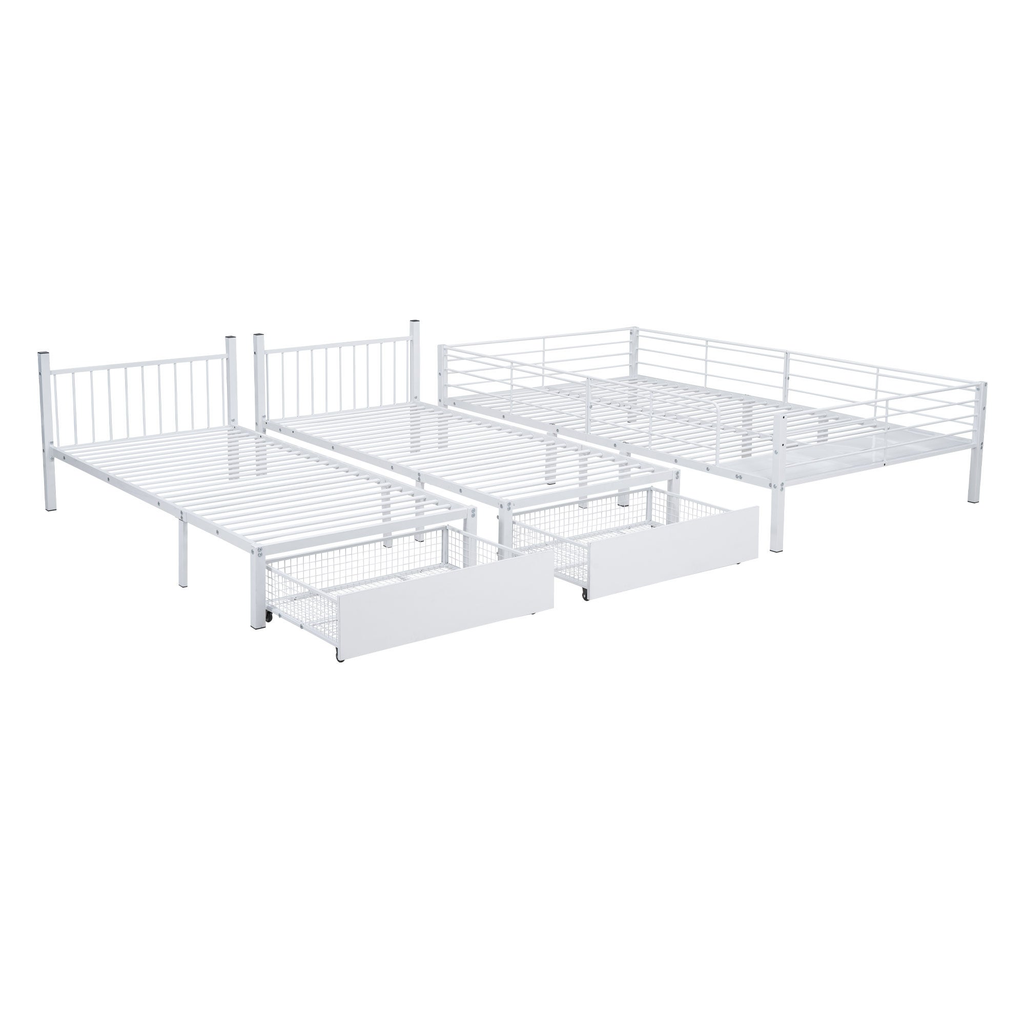 Wielofunkcyjne łóżko piętrowe dla 3 dzieci z 2 szufladami - 140x200cm i 90x200cm - rama z materacem - Białe (materac nie jest w zestawie) - 8