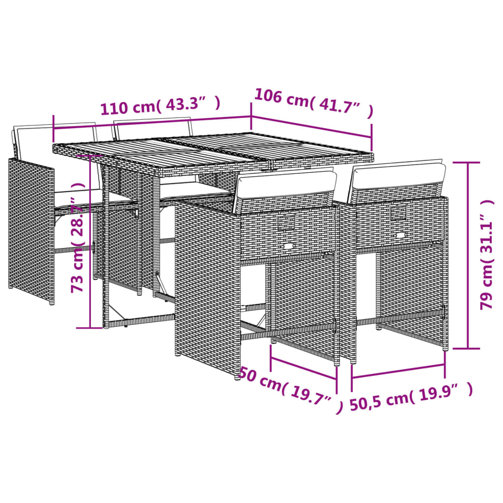 Set de muebles jardín 5 piezas con cojines ratán sintético negro - 9