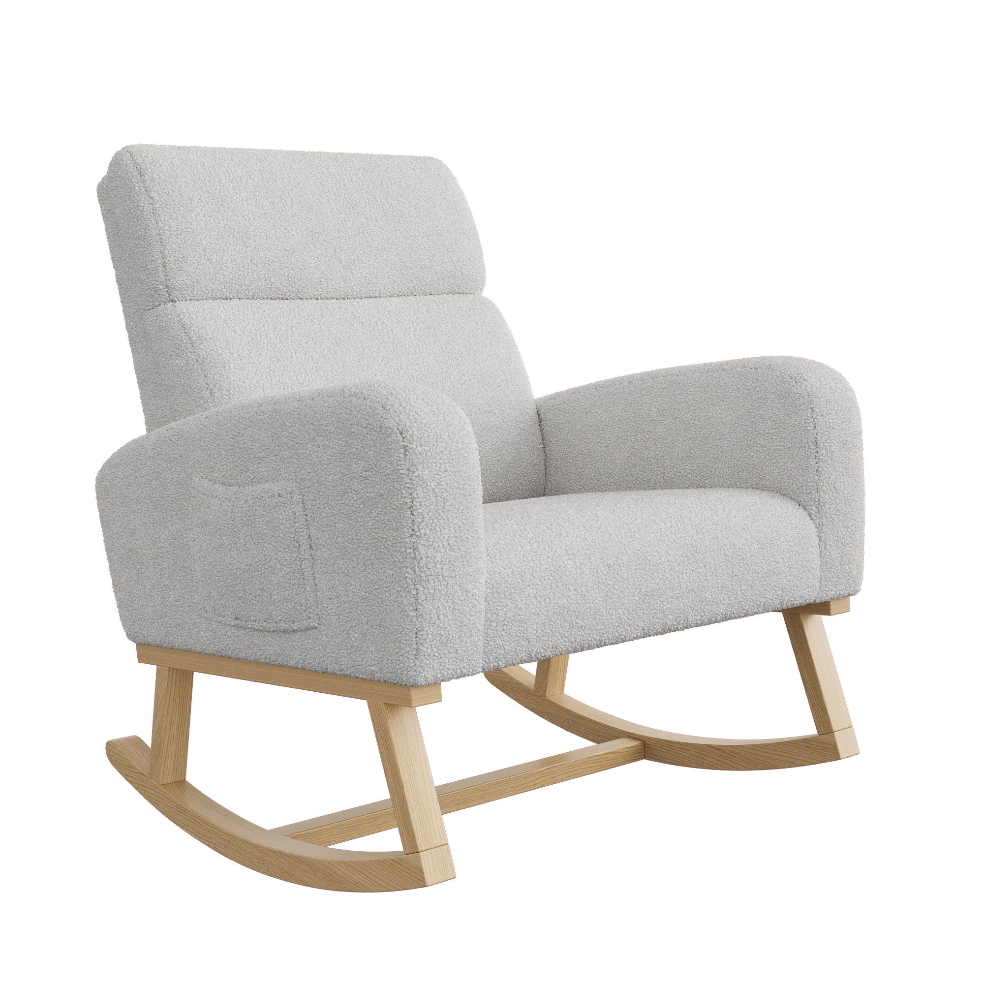 Fauteuil à Bascule - Confort Ergonomique - avec Poches Latérales et Bois Massif - 69.2x78.5x87cm - en Tissu Bouclée Gris Clair - 6