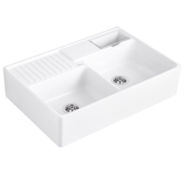 Evier timbre d'office VILLEROY ET BOCH Tradition 2 bacs 89,5 x 63 céramique vidage auto blanc