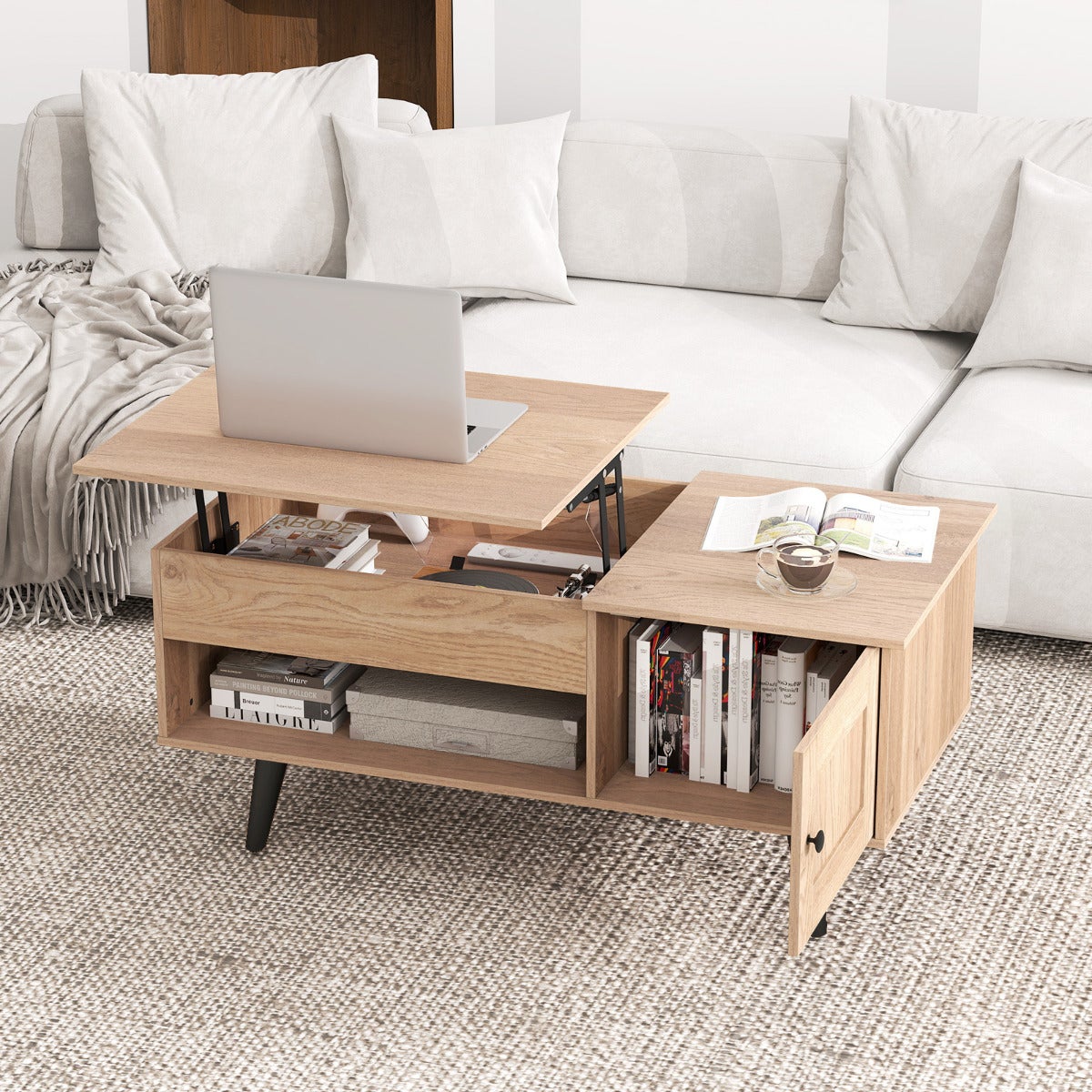 Table Basse Relevable avec Rangement Caché et Étagère - Naturel ...