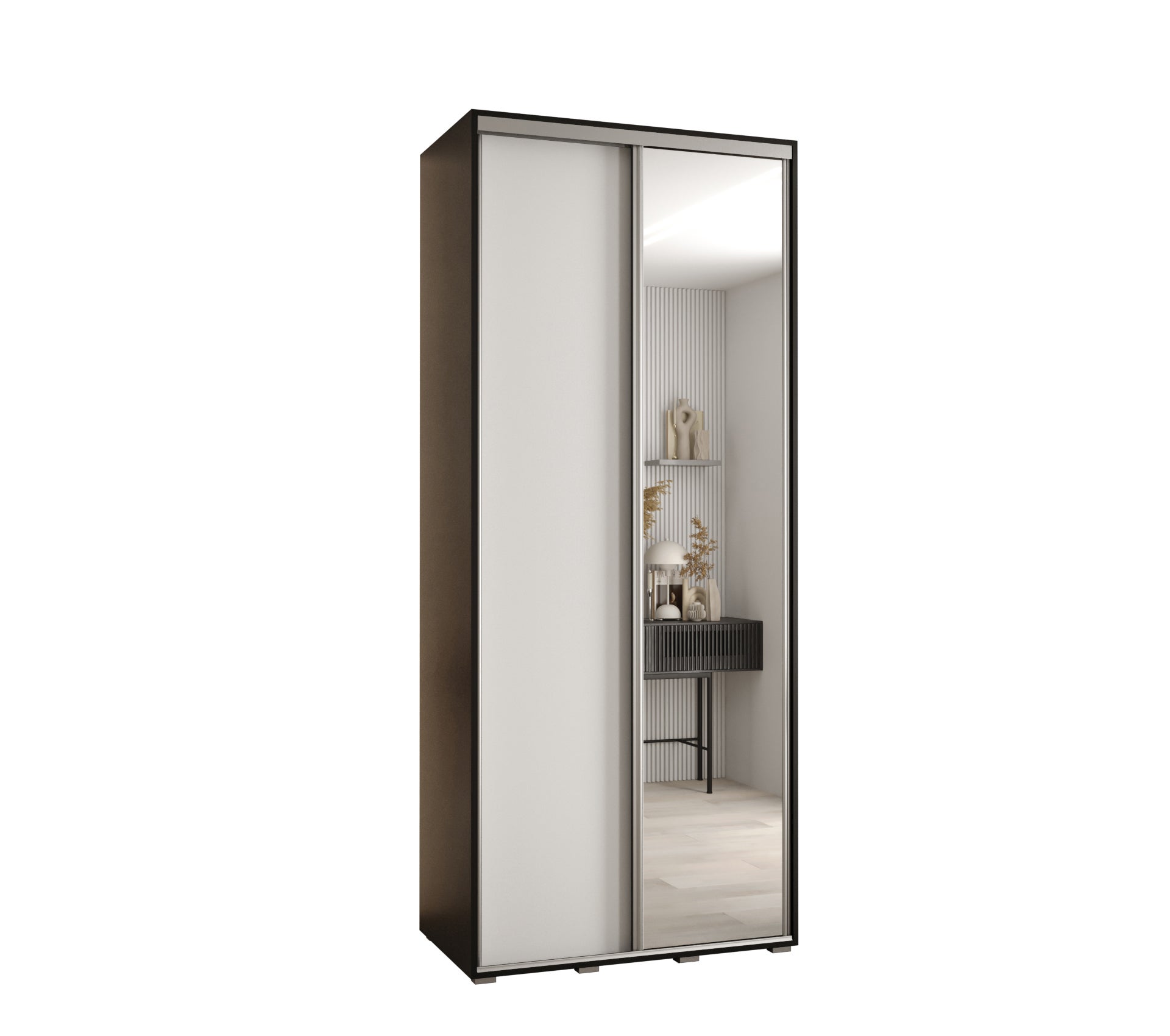 Szafa przesuwna z lustrem wysoka Davos 3 110 x 60 x 235,2 cm czarny + biały + u. srebrny - Abiks Meble