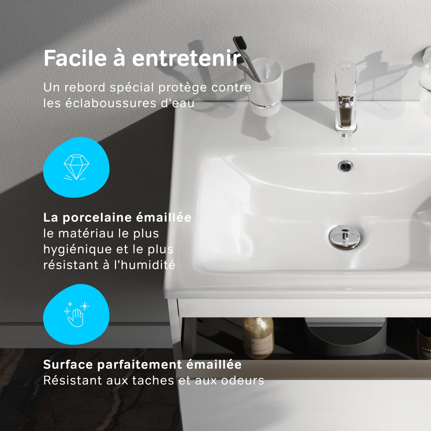 Meuble salle de bains avec Vasque en Céramique Meuble simple vasque suspendu 80 cm avec lavabo intégré, 2 tiroirs, design, Blanc Brillant&nbsp; – AM.PM - 4