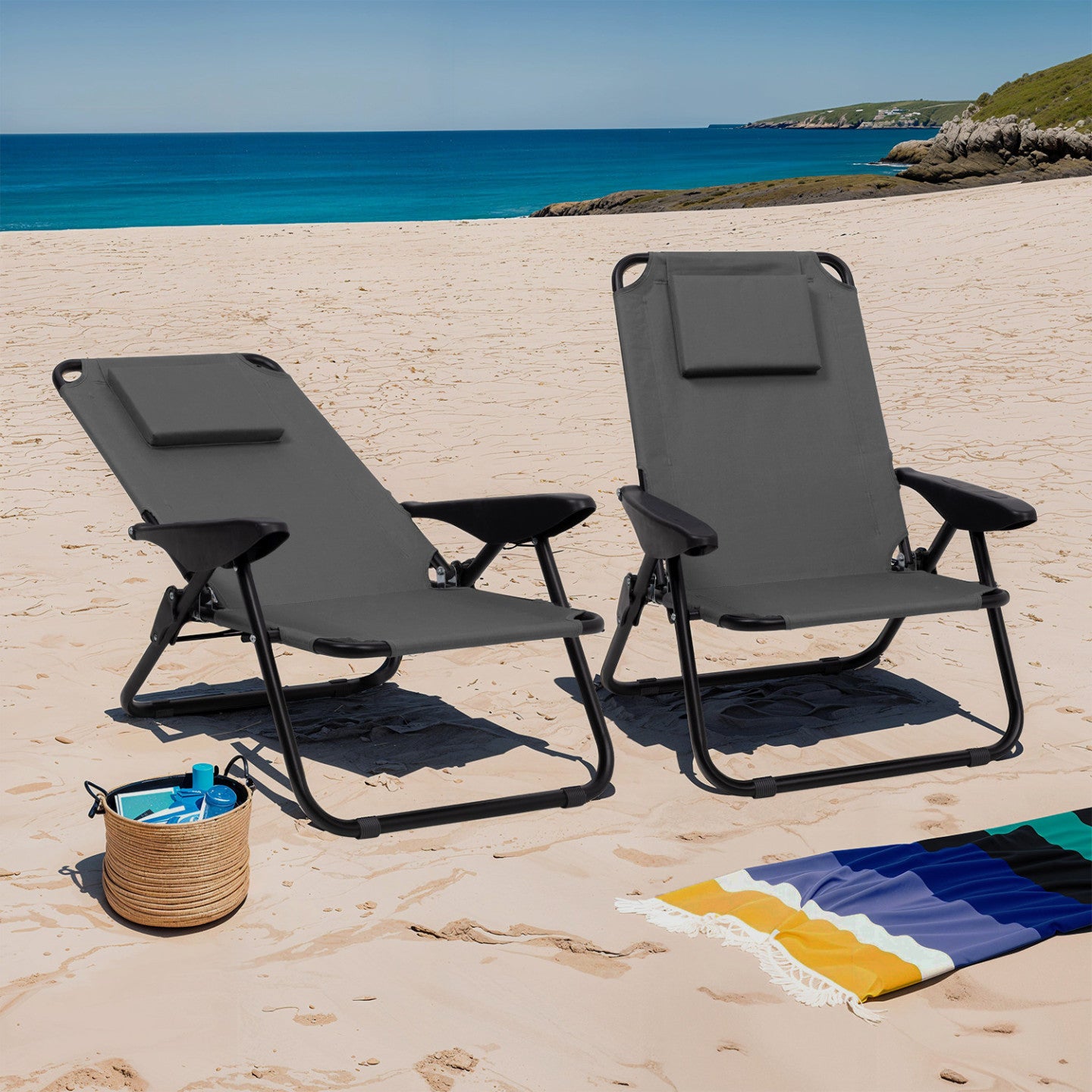 Lot de 2 Chaises de plage pliantes gris aluminium et textilène FR46369
