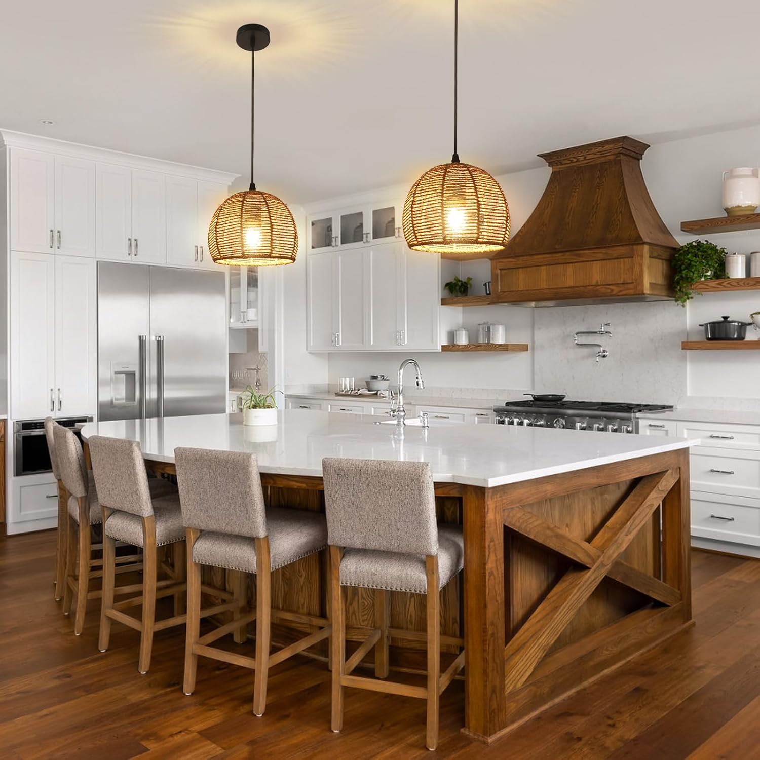 COMELY Suspension Luminaire Vintage en Rotin E27 Ø20 cm, Lustre Rétro Naturel pour Salon Chambre Cuisine Salle à Manger Café-Bar - 7