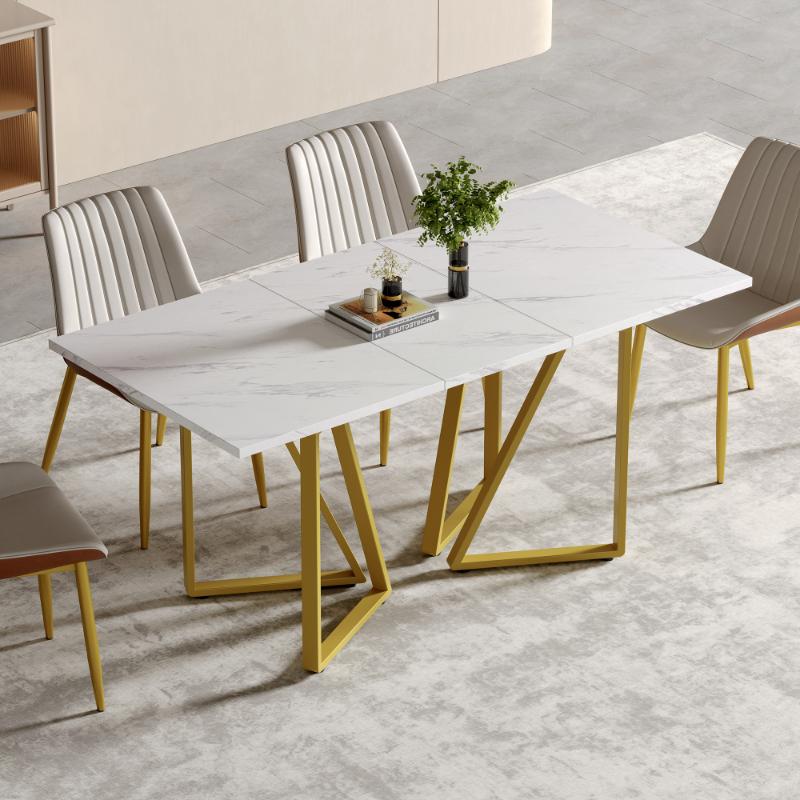 Nowoczesny rozkładany stół jadalny z wzorem marmuru i regulowanymi metalowymi nogami, idealny do jadalni i kuchni (biały + złoty)