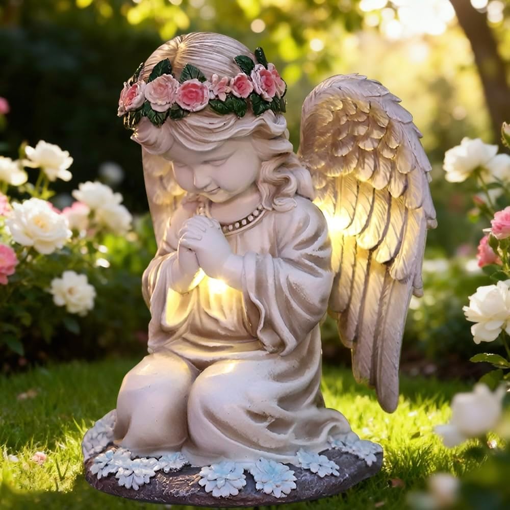 Statuie de înger, lumină de înger rugător cu energie solară, sculptură de înger păzitor, lampă LED solară, rezistentă la intemperii pentru terasă