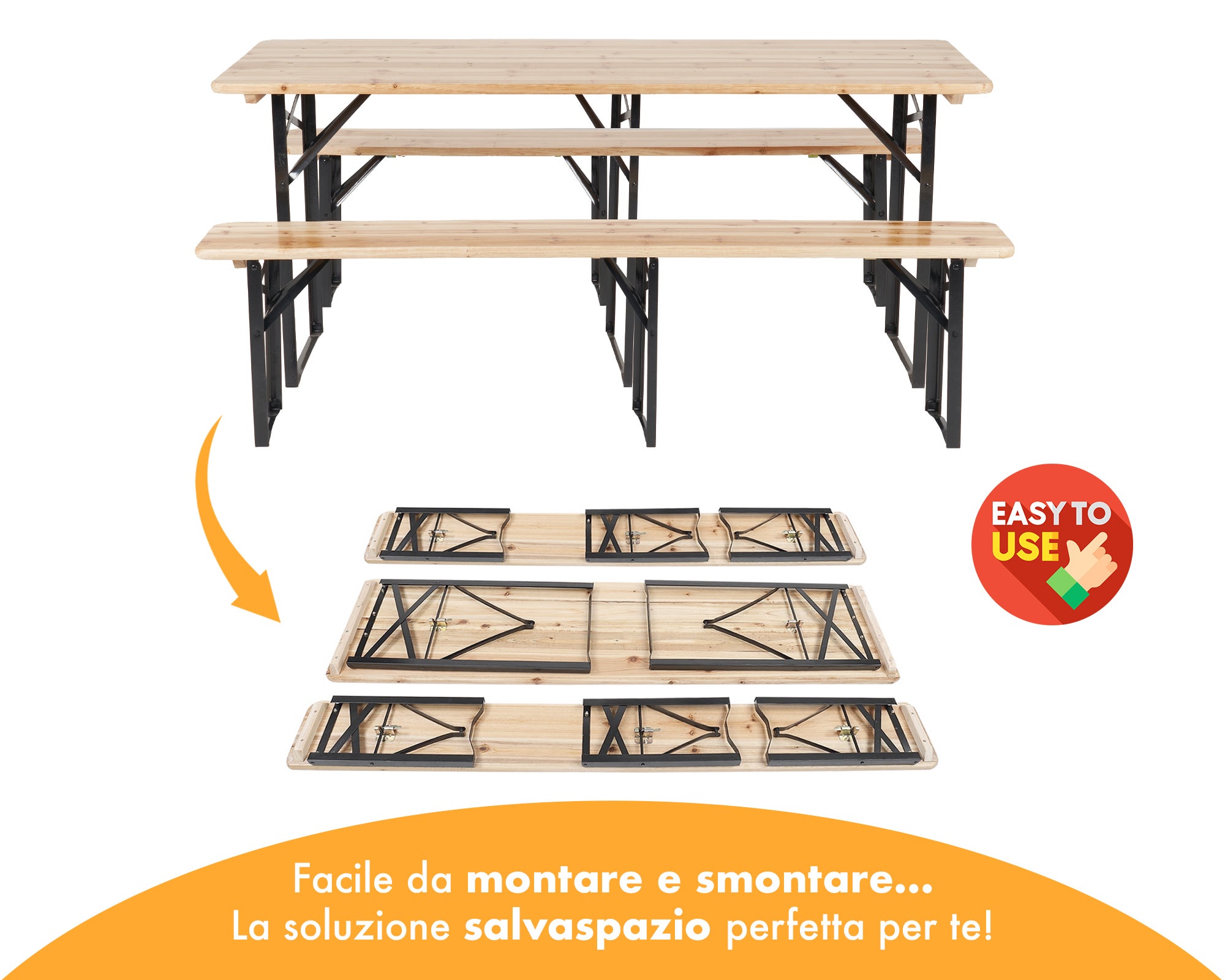 Set Birreria 220 x 80 Cm XXXL 8 /10 Posti 3 Pezzi 2 Panche 1 Tavolo Pieghevole Panca Da Feste Sagra Legno Abete Struttura Acciaio Richiudibile - 4