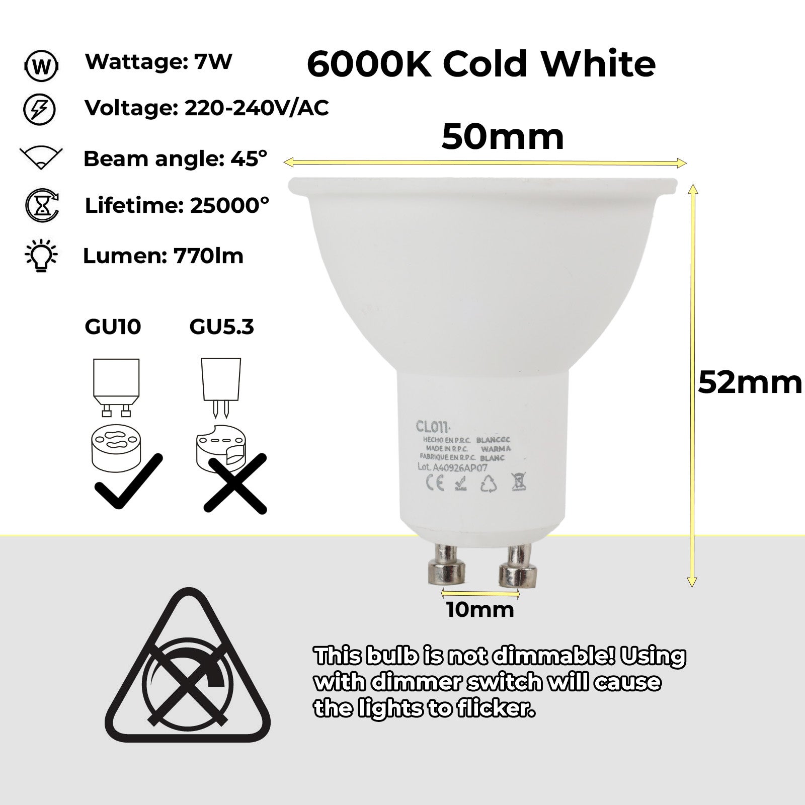 Pack de 10 Bombillas LED GU10 7W 45º SMD2835 665lm 220V 6000K Blanco Frío No Parpadeo - 5