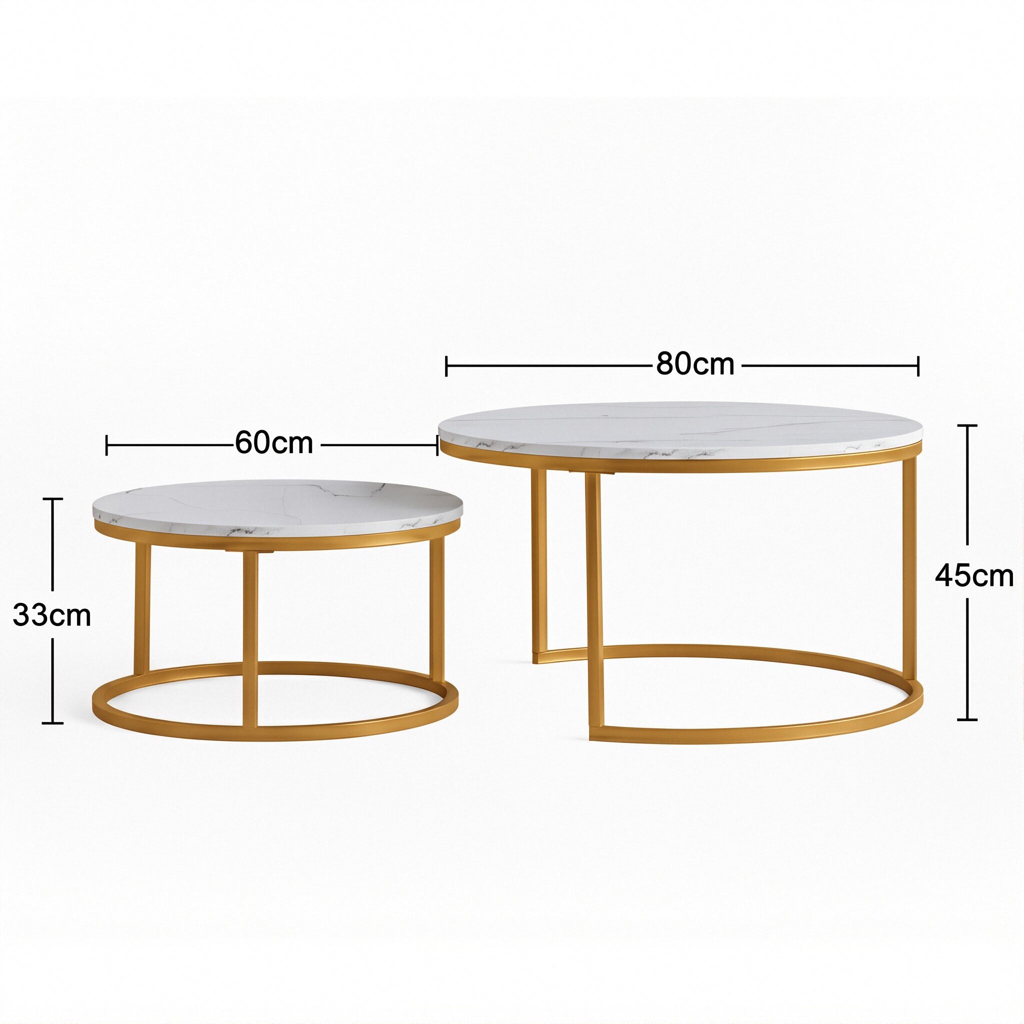 DreamMespace Lot de 2 Tables Basses Gigognes 80/60 cm - Effet Marbre Blanc et Pieds Métal Doré, Modulable - 4