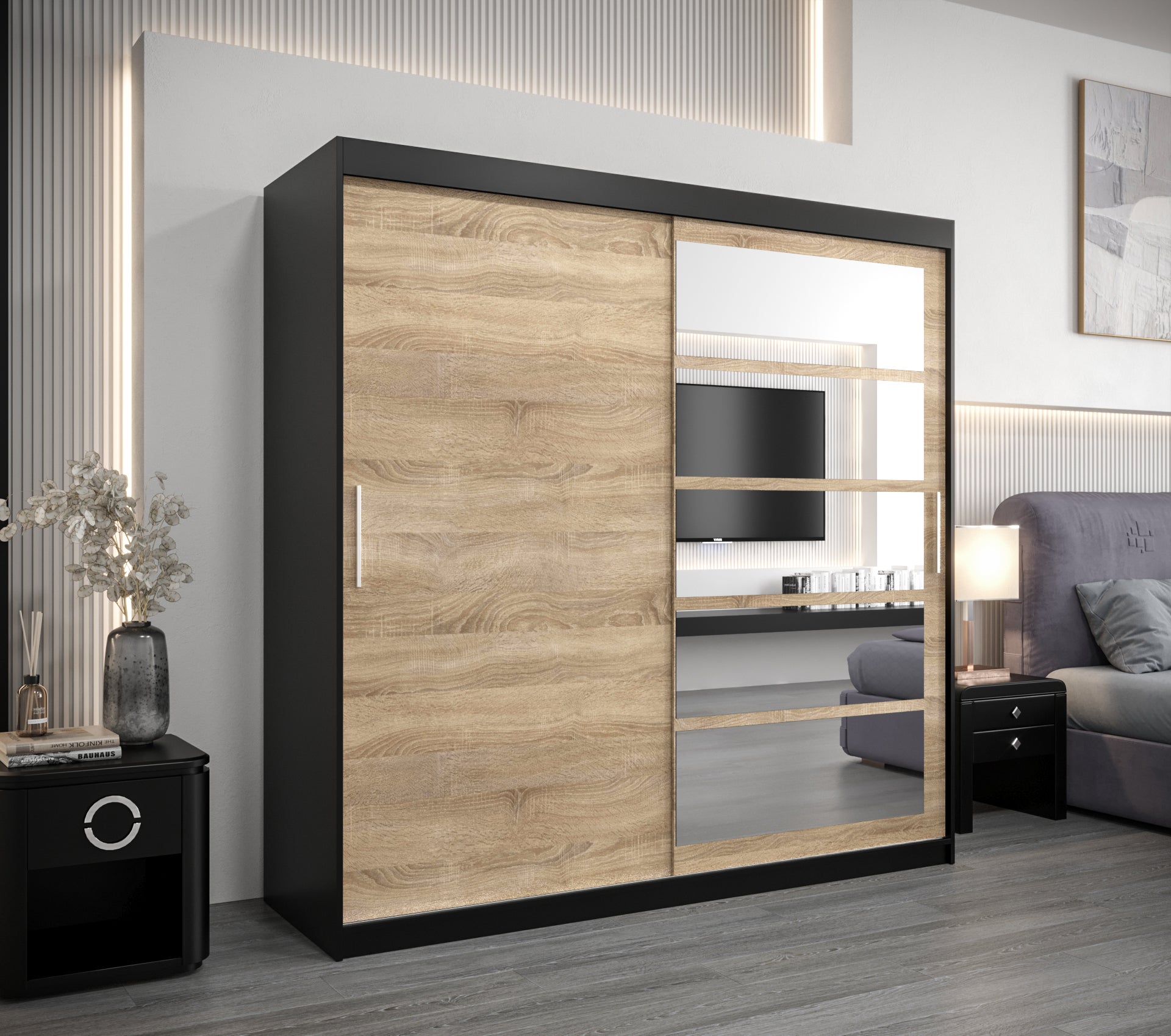 Szafa przesuwna garderoba ROMA 1 200 x 62 x 200 cm Czarny + Sonoma - Abiks Meble