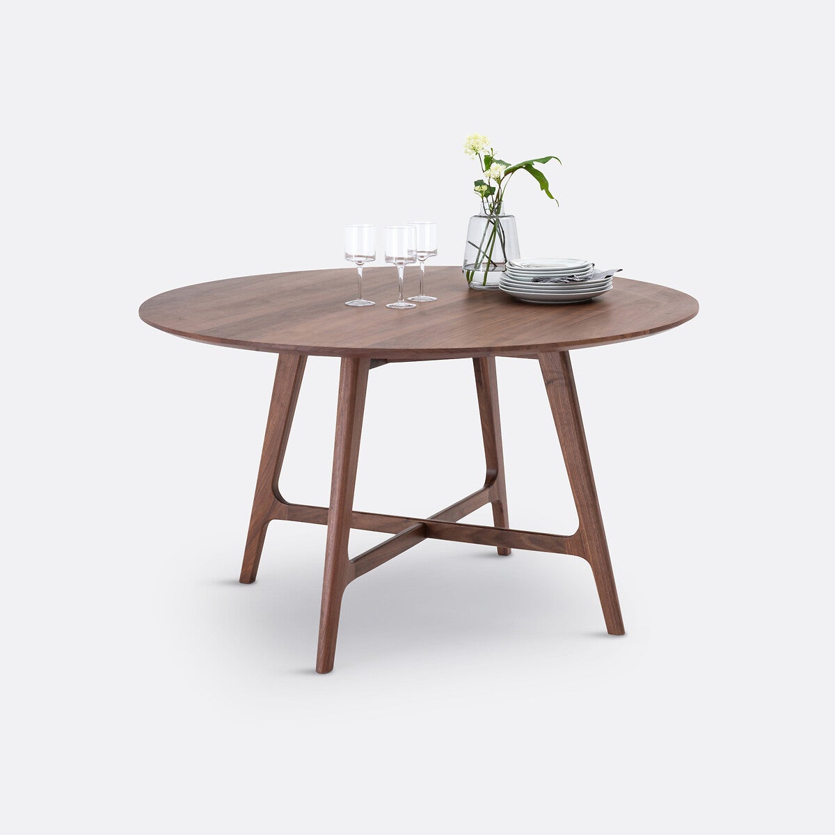 Table à manger ronde, en noyer et plaqué, 4 à 6 couverts, LARSEN ...