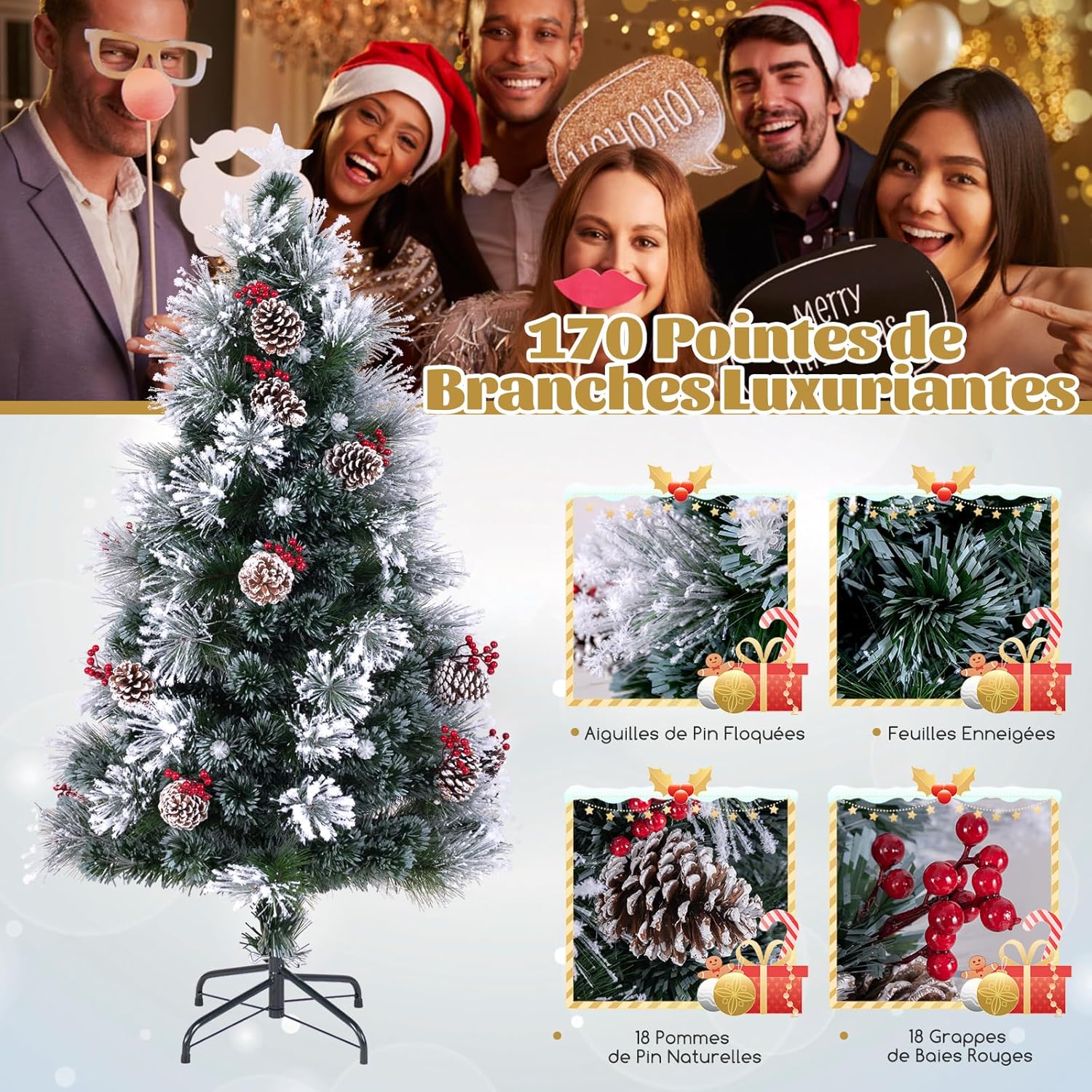 Albero di Natale Innevato 150/180 CM, con Fibra Ottica, 49/63 Luci LED, 8 Modalità di Illuminazione, 170/220 Punte di Rami, Ago di Pino, 18/24 - 5