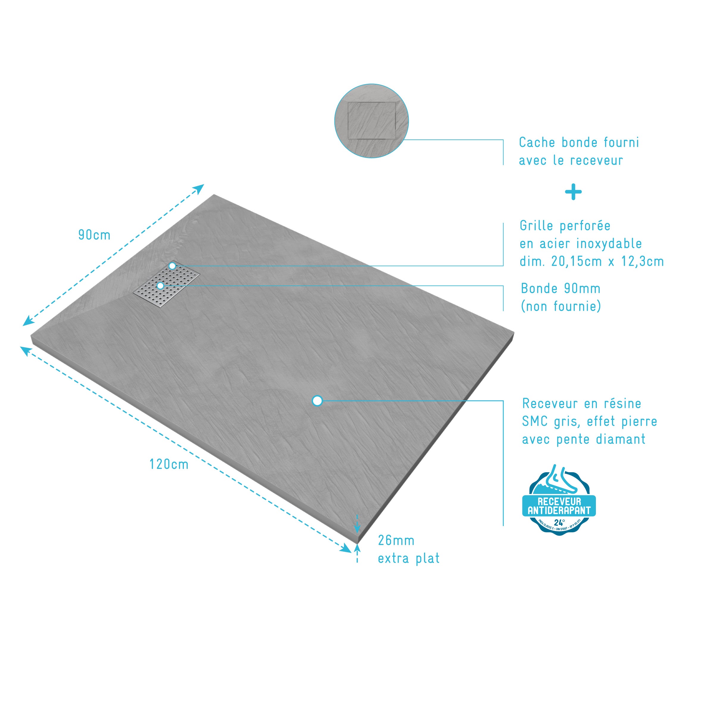 Receveur de douche Gris Effet Pierre 90x120 cm et Grille décor Perforée en Inox - 4