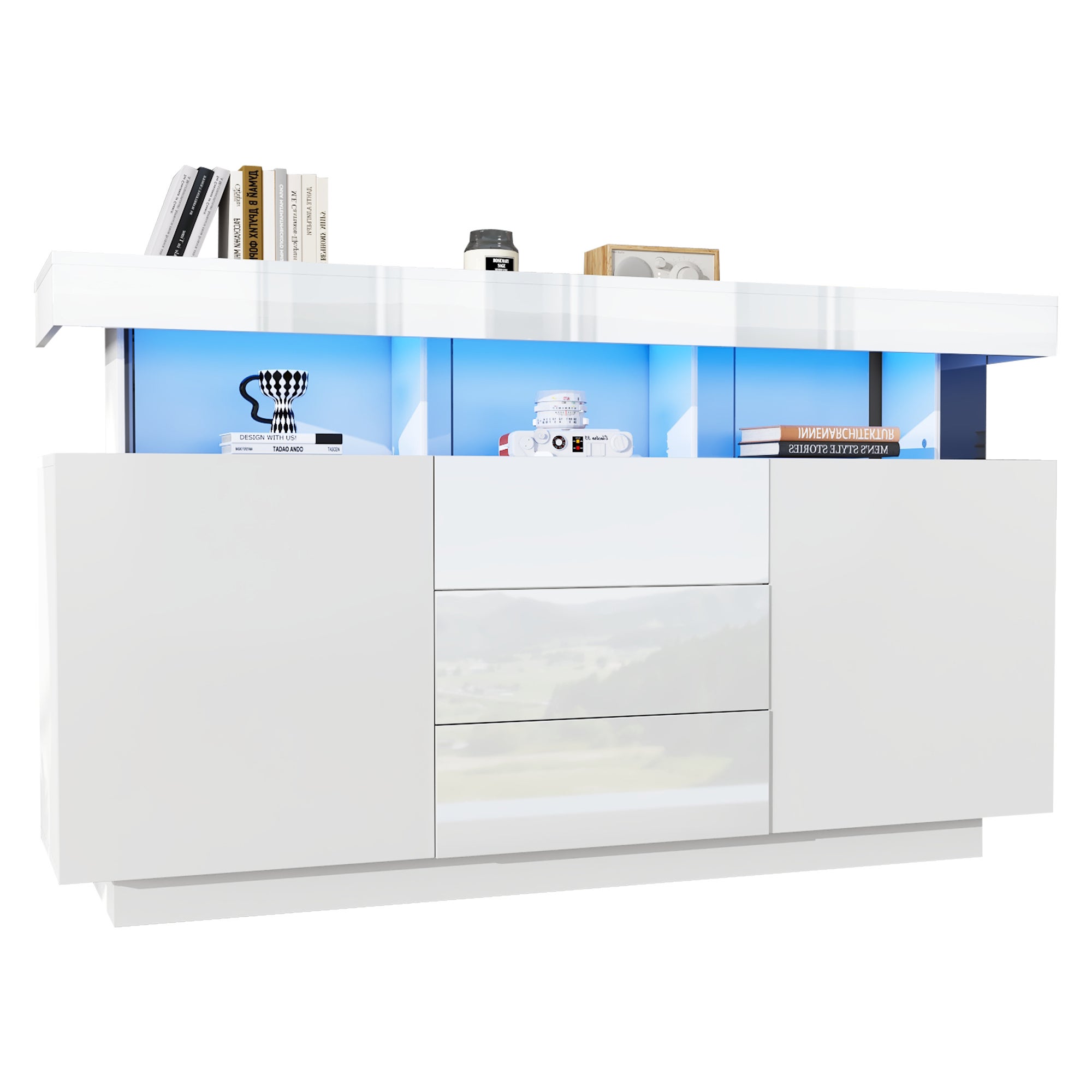 Credenza bassa moderna con 2 ante e 3 cassetti - 140 x 35 x 80 cm - LED - Pannello truciolare e acrilico - Bianco lucido - 9