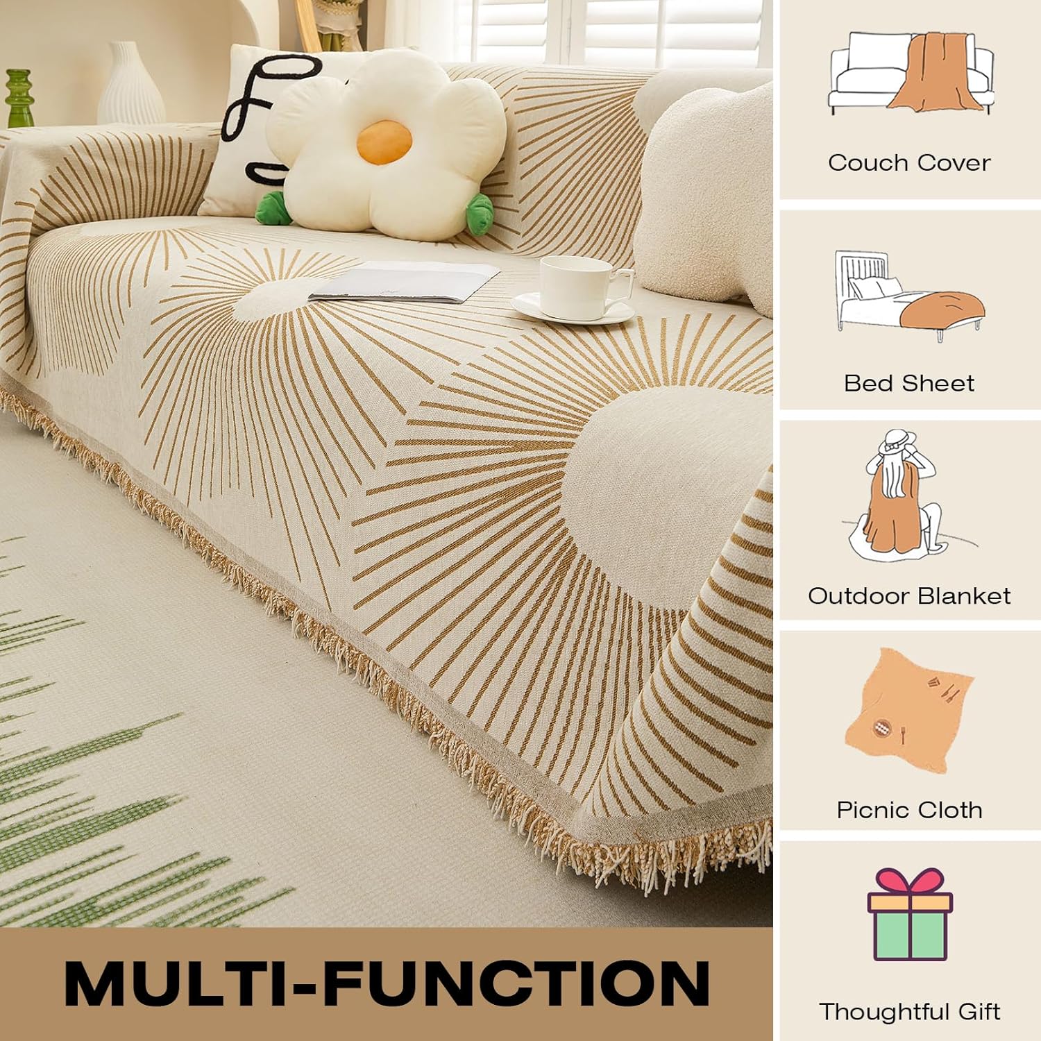 Copridivano - Kaki - Copridivano Jacquard - Multiuso - Fodera per divano 2 posti (180 x 130 cm) - 5