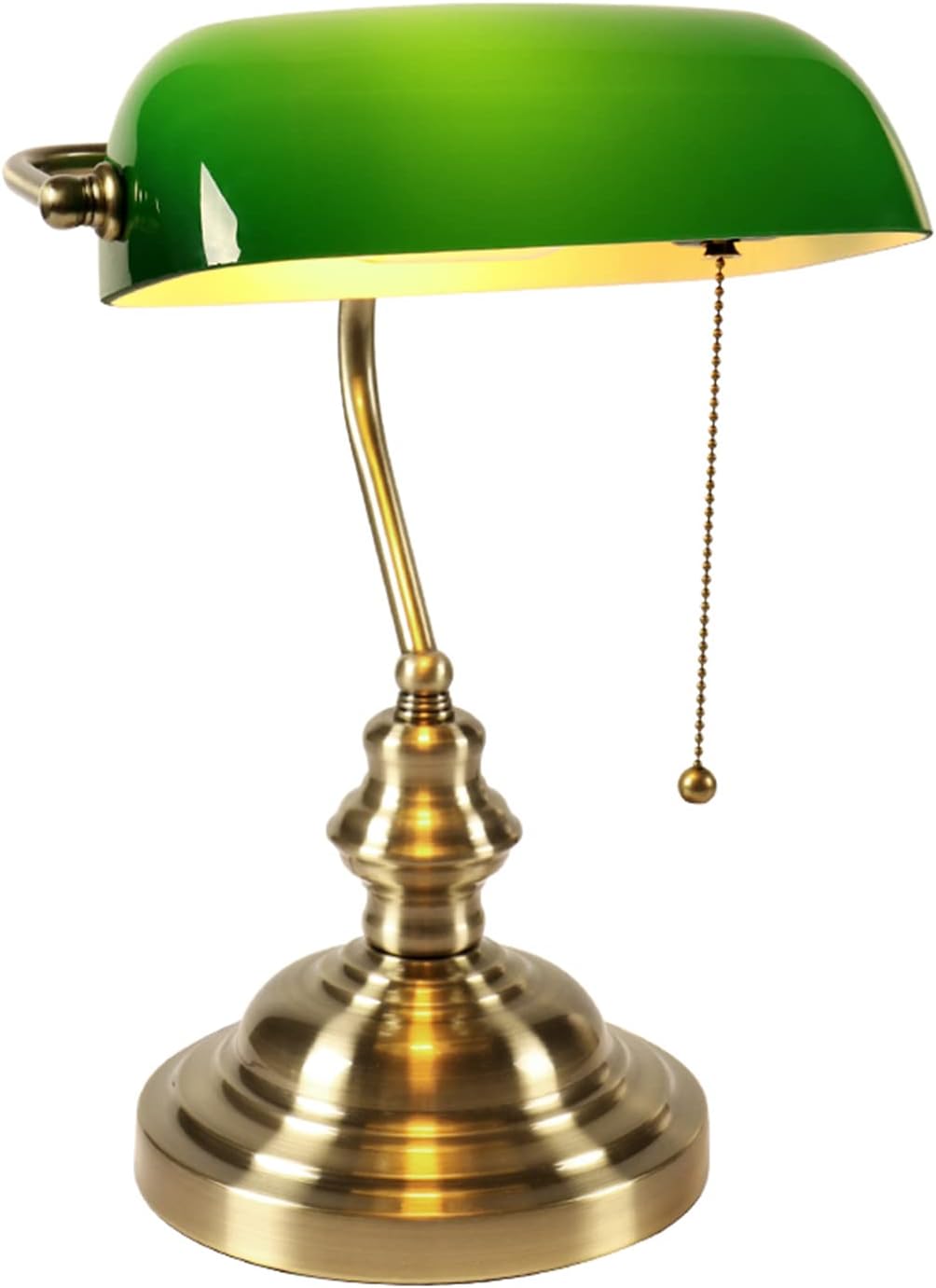 Lámpara de escritorio vintage de cristal verde con interruptor de cadena, pantalla de cristal verde ajustable y base con acabado bronce. casquillo e27