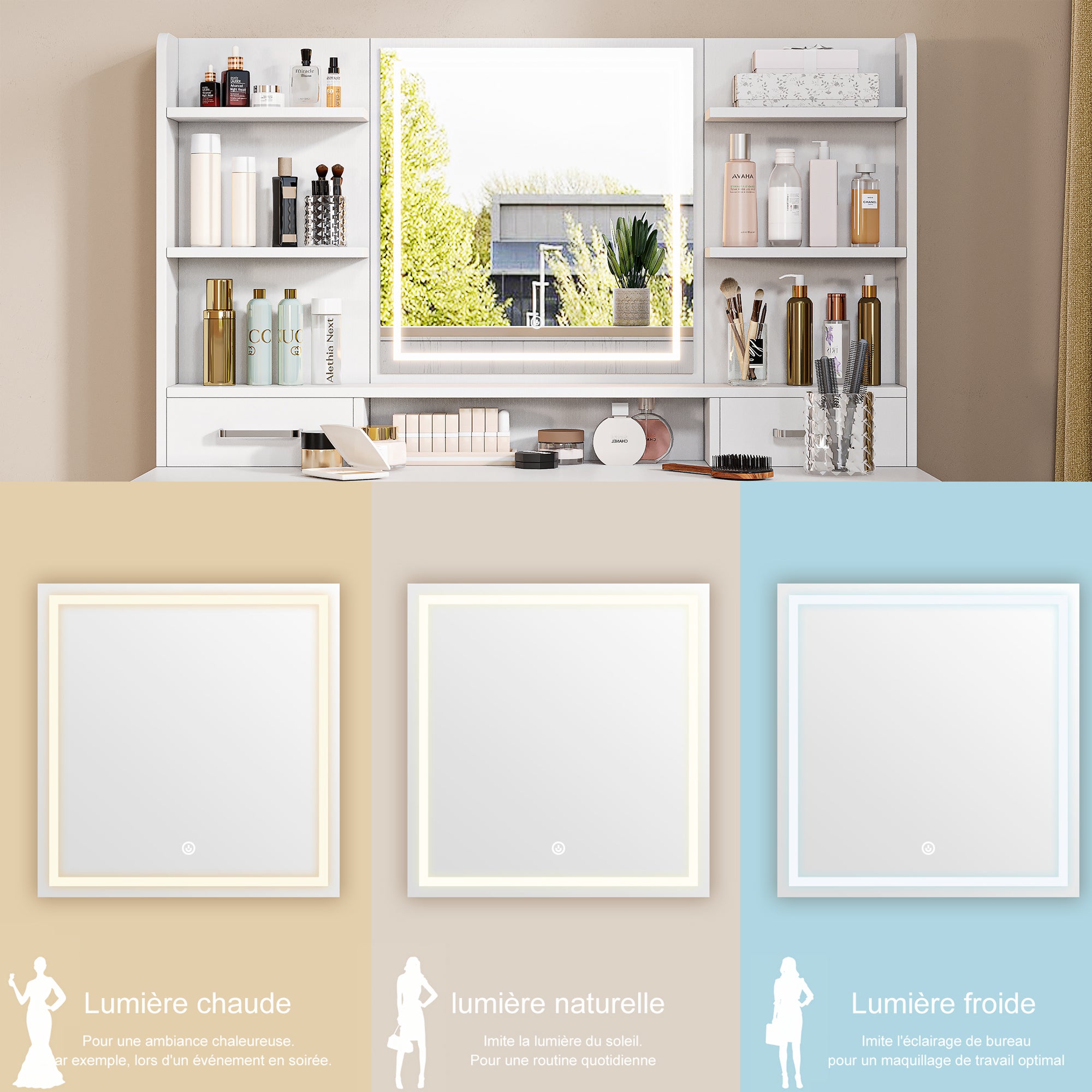 Grande Coiffeuse avec éclairage LED et Miroir, Luminosité Réglable, Coiffeuse avec Prise, 8 Tiroirs et 7 étagère Ouvertes pour Chambre à Coucher Blanc - 4