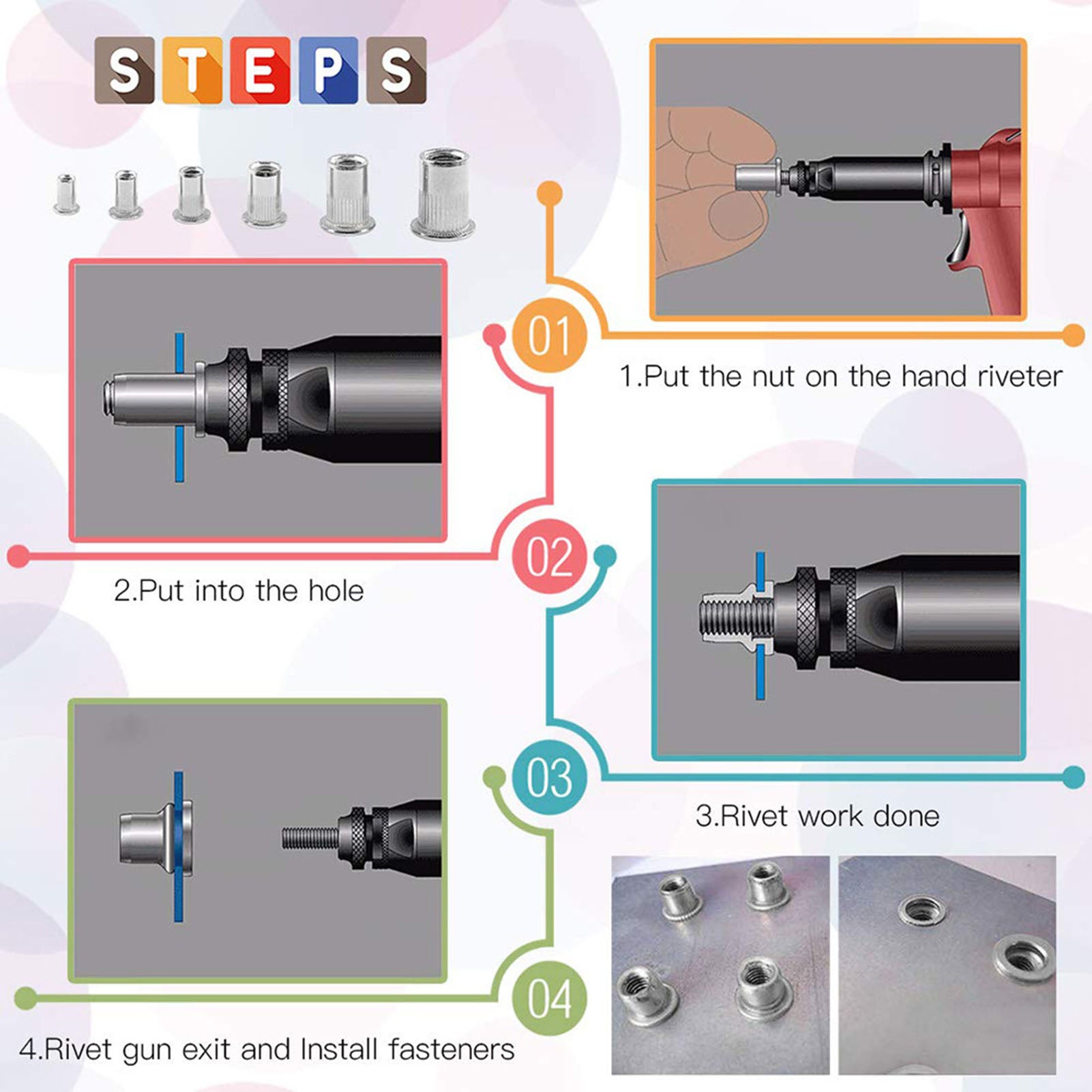 Dado Per Rivetti A Mano In Acciaio Al Carbonio Dadi A Testa Di Pistola Installazione Semplice Rivettatrice Manuale Strumento Per Dadi M3 M4 M5 M6 M8 M10 Con 300 Pezzi - Foto 3