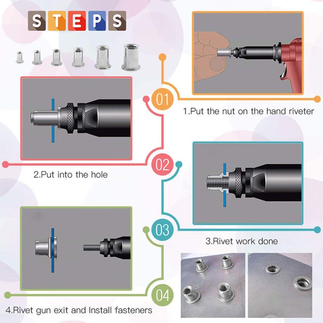 Dado Per Rivetti A Mano In Acciaio Al Carbonio Dadi A Testa Di Pistola Installazione Semplice Rivettatrice Manuale Strumento Per Dadi M3 M4 M5 M6 M8 M10 Con 300 Pezzi - Foto 3