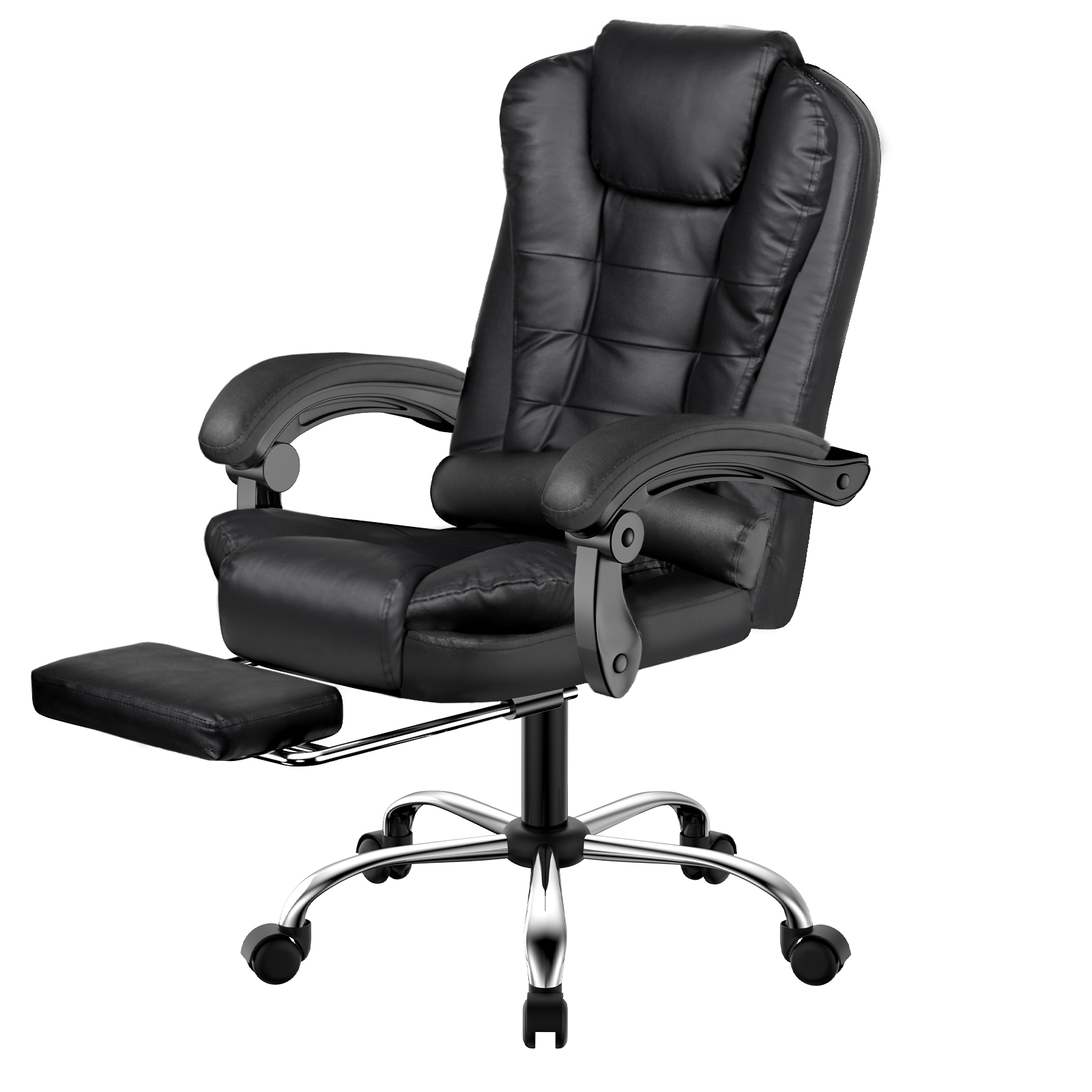 RATTANTREE Ergonomiczny fotel biurowy z podnóżkiem, skórzany fotel komputerowy, obrotowy i odchylany, czarny