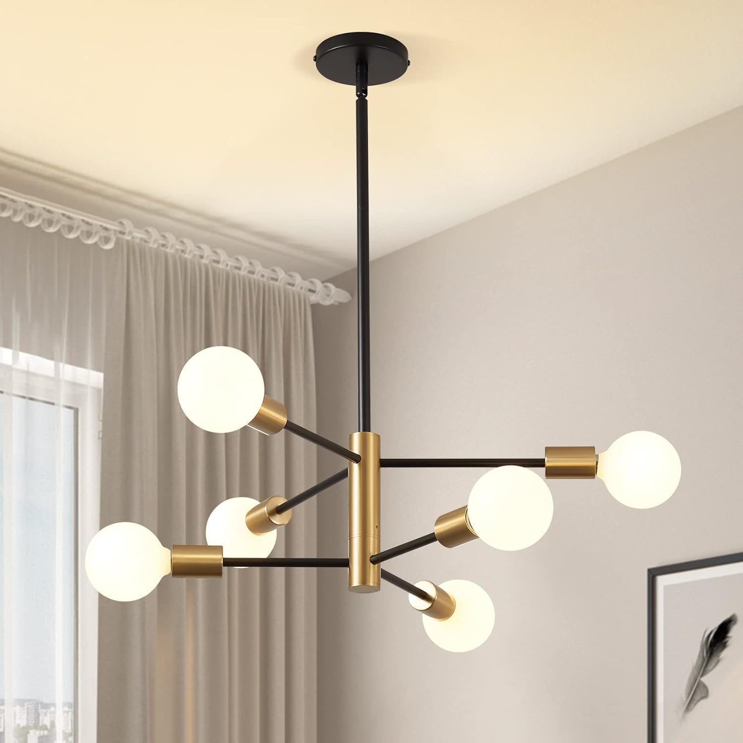 Nowoczesny żyrandol Sputnik, lampa sufitowa z 6 światłami w stylu połowy wieku, retro przemysłowa lampa wisząca, żyrandol (bez białej żarówki)