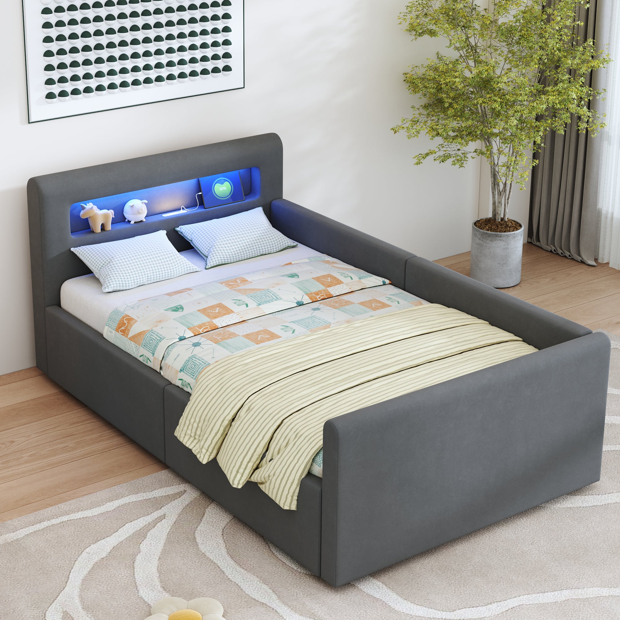 Łóżko z pojemnikiem 90x200cm - z oświetleniem LED - z portem ładowania USB - z półkami - welurowe - ciemnoszare (materac nie jest wliczony w cenę)