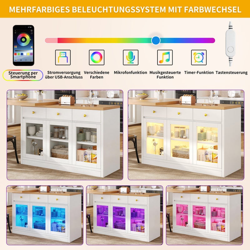 Îlot de cuisine moderne avec éclairage LED,Îlot de bar rétractable avec 3 tiroirs et portes vitrées,Chariot de cuisine multifonctionnel, Blanc - 5