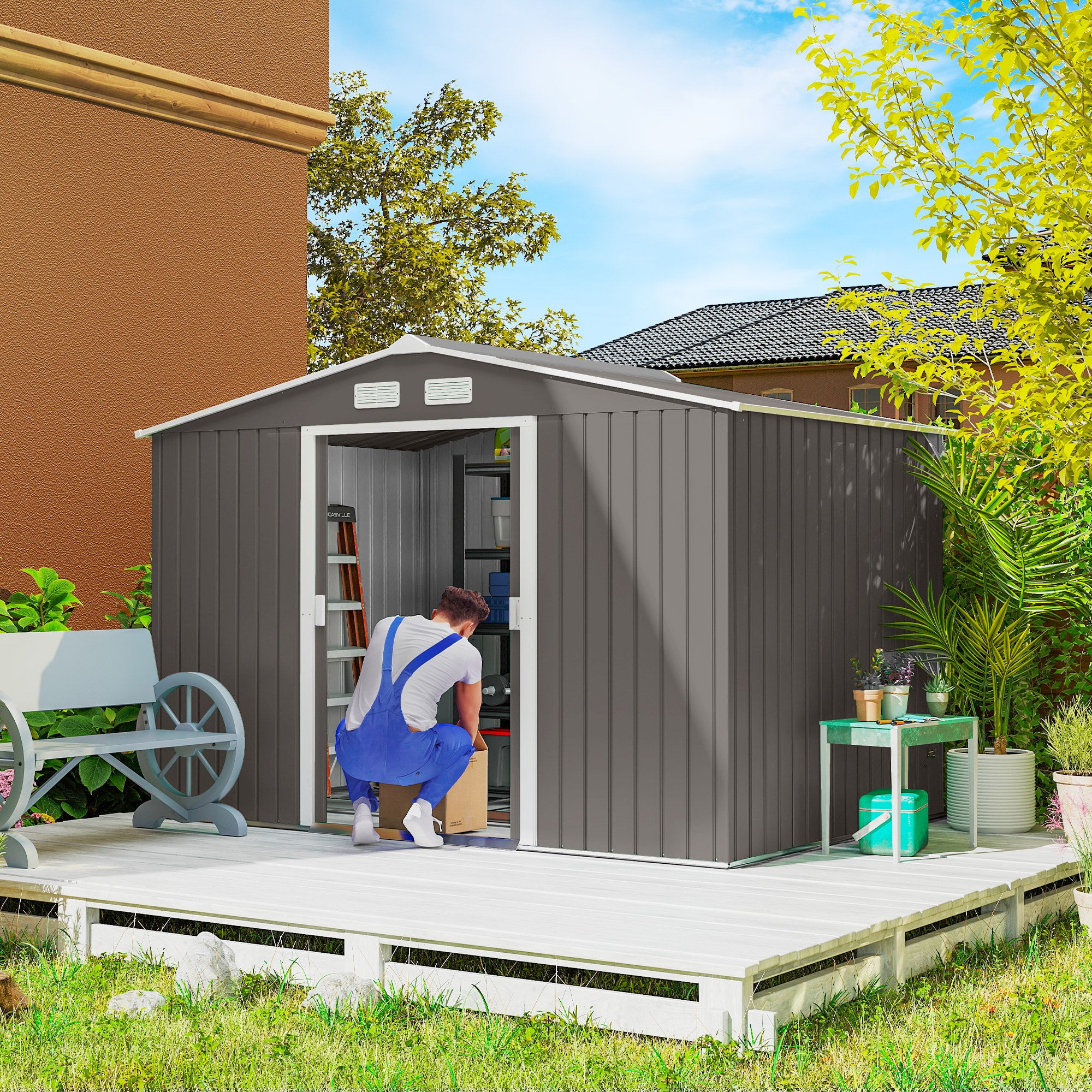 Abri jardin 4,9 m² 277x195x192 cm gris, 2 portes coulissantes, base renforcée, sol non inclus, cabanon - 3
