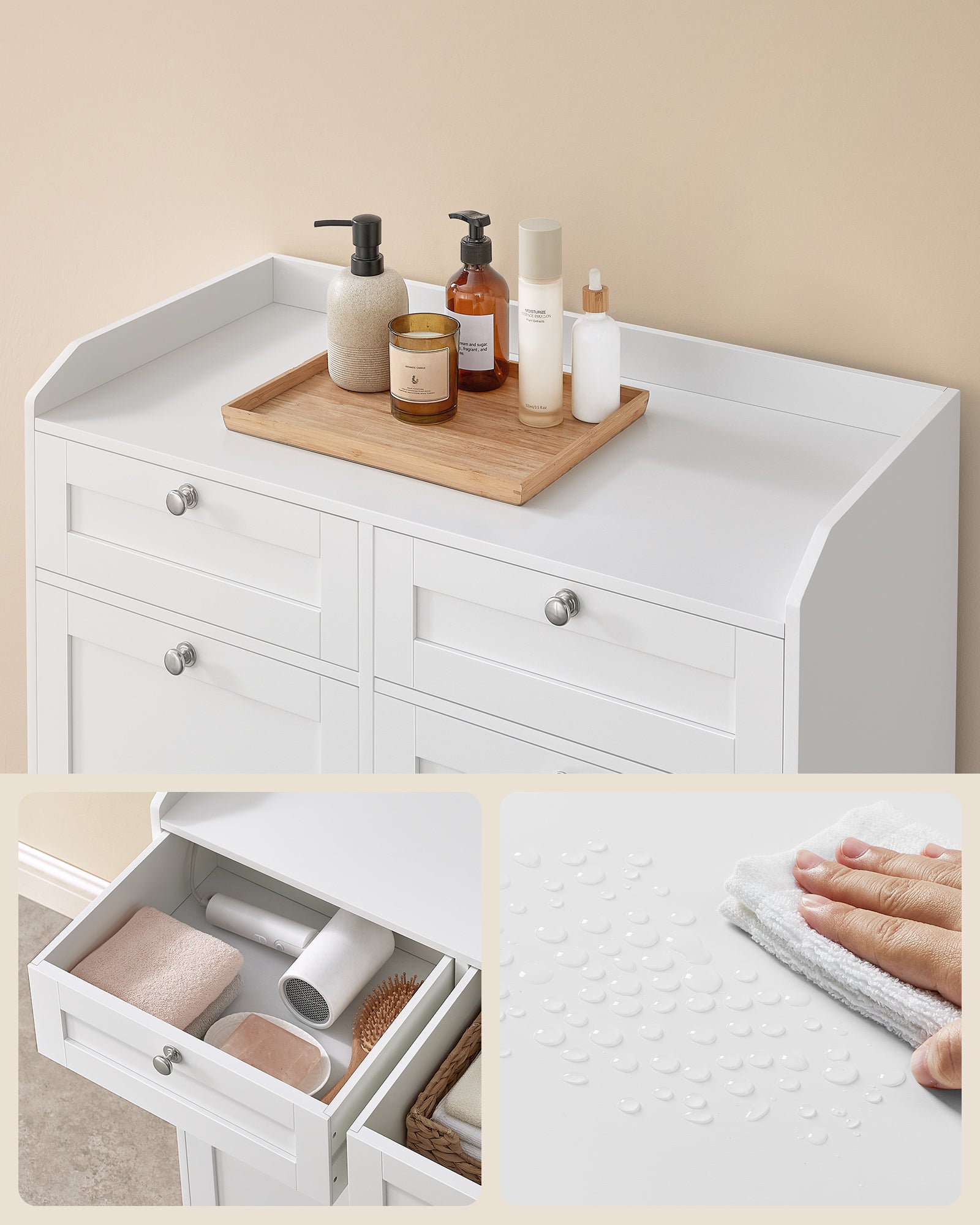 Meuble de Salle de Bain, Panier à Linge, avec Sac Intérieur Amovible avec Poignées, 2 Tiroirs et 2 Paniers à Linge, 40 x 78,9 x 80,2 cm, Blanc Nuage - 6