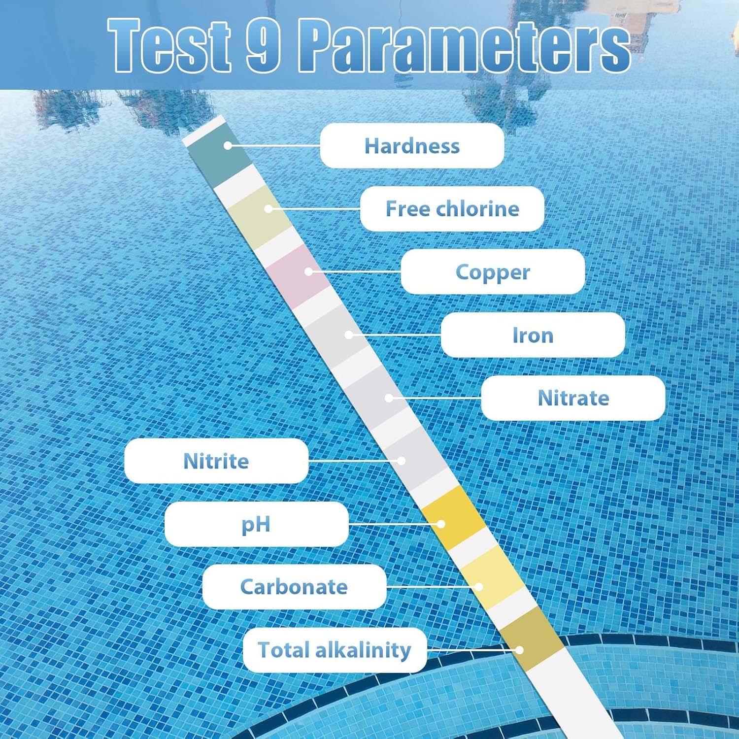 50 bandelettes test 9 en 1 pour piscine, spa et eau potable, mesure pH, chlore, dureté, nitrates, nitrites, fer, carbonates, alcalinité,analyse rapide - 5