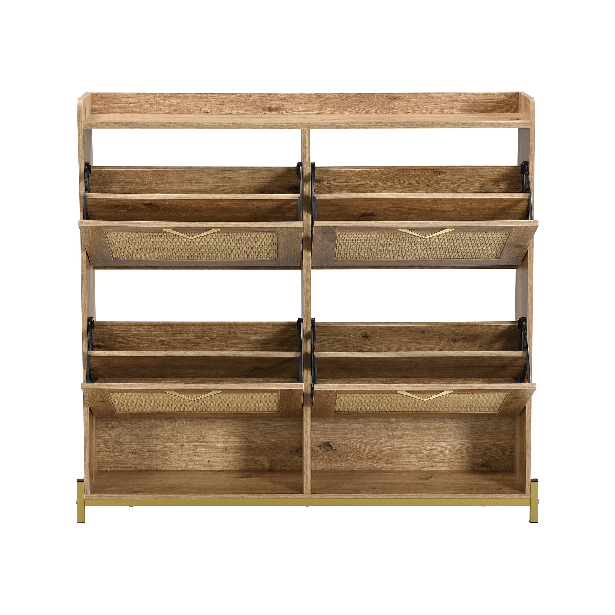 Meuble à chaussures en bois élégant avec portes en rotin – 4 portes, cadre métallique et étagère supérieure pour un rangement stylé et ordonné - 7