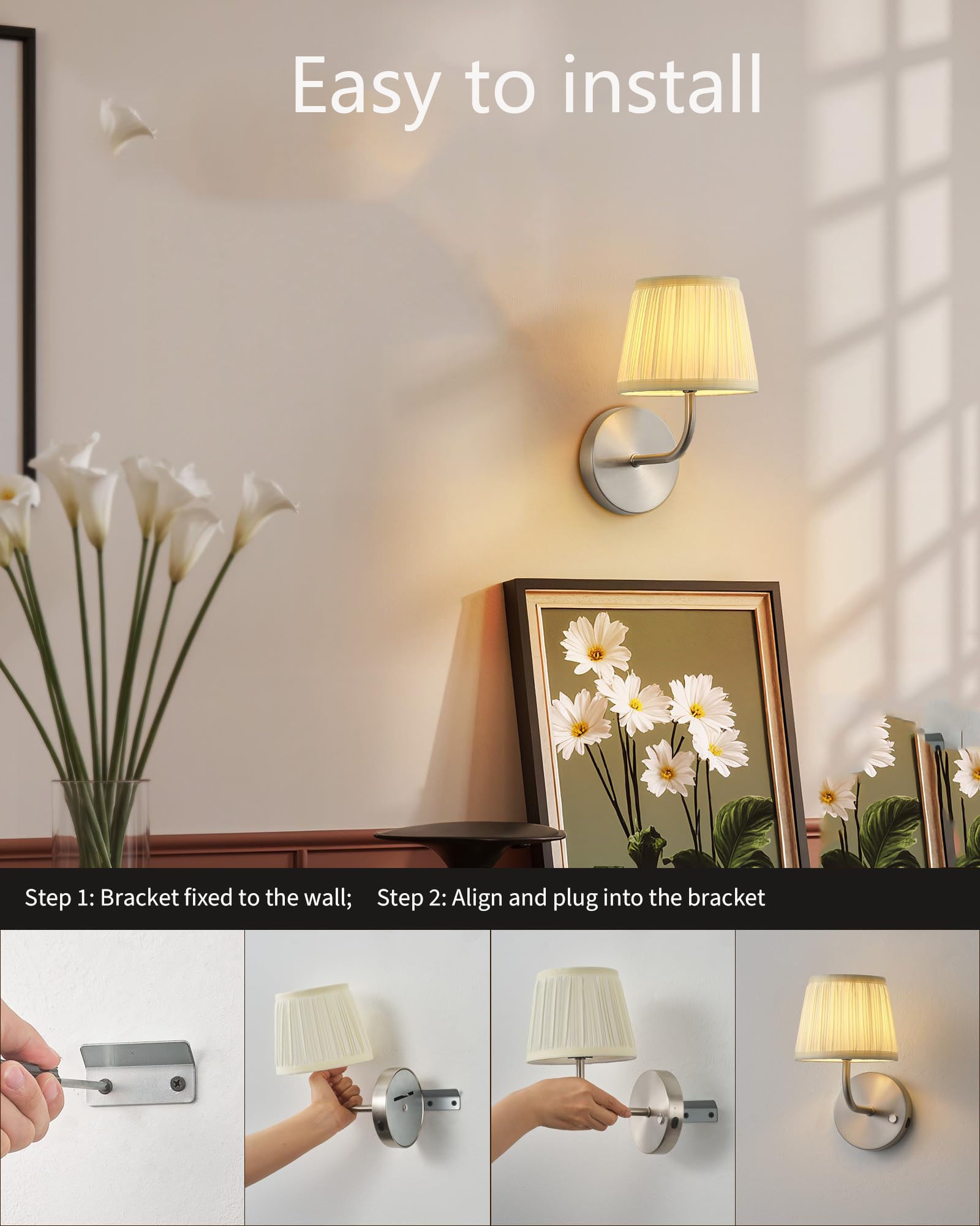 Zestaw 2 kinkietów zasilanych bateriami RGB z pilotem i żarówką, ściemnialne lampy ścienne LED do salonu i jadalni - srebrny - 6