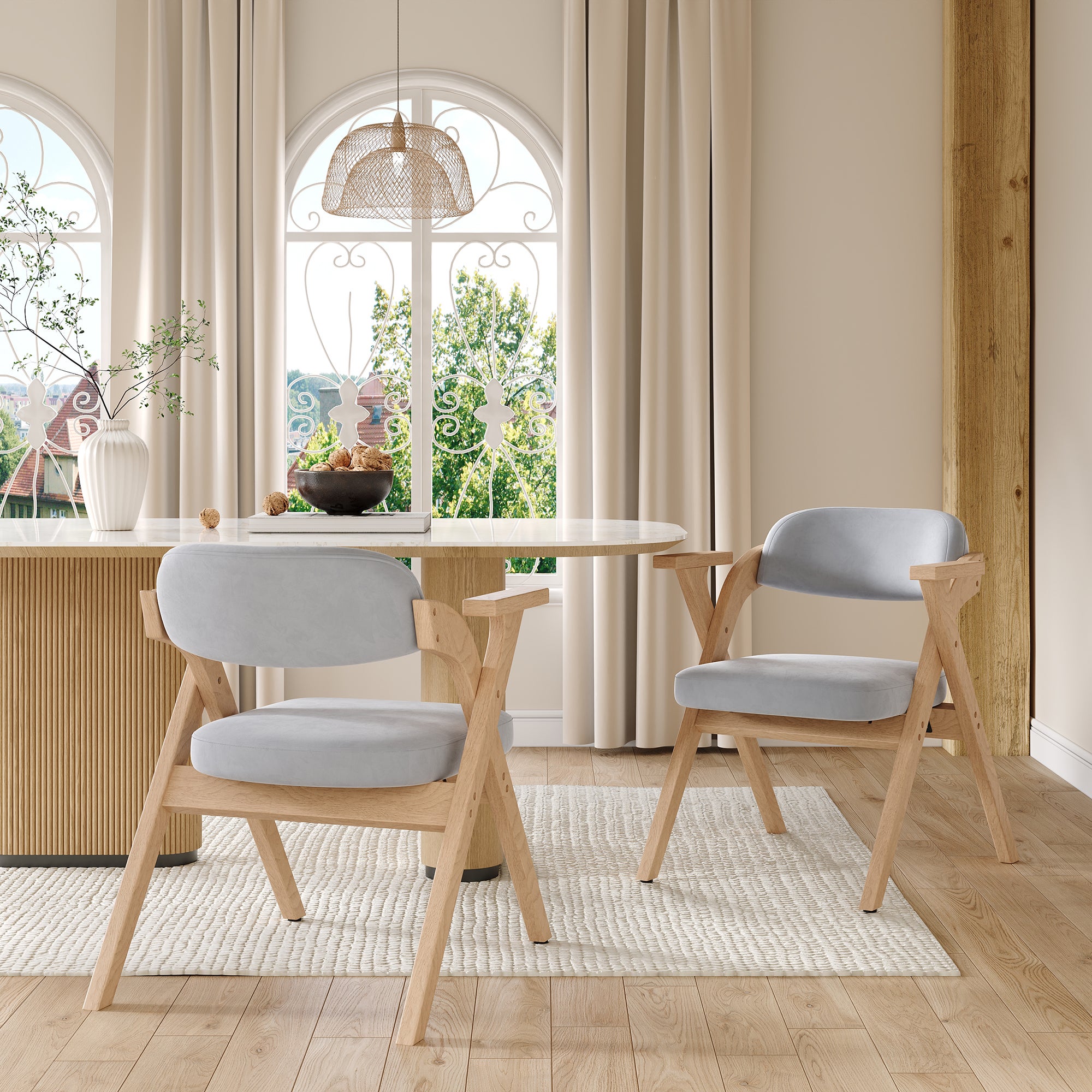 Zestaw 6 składanych i chowanych krzeseł do jadalni z podłokietnikami – 64,5 x 66,5 x 73 cm – lite drewno i aksamitna poduszka – szary - 6